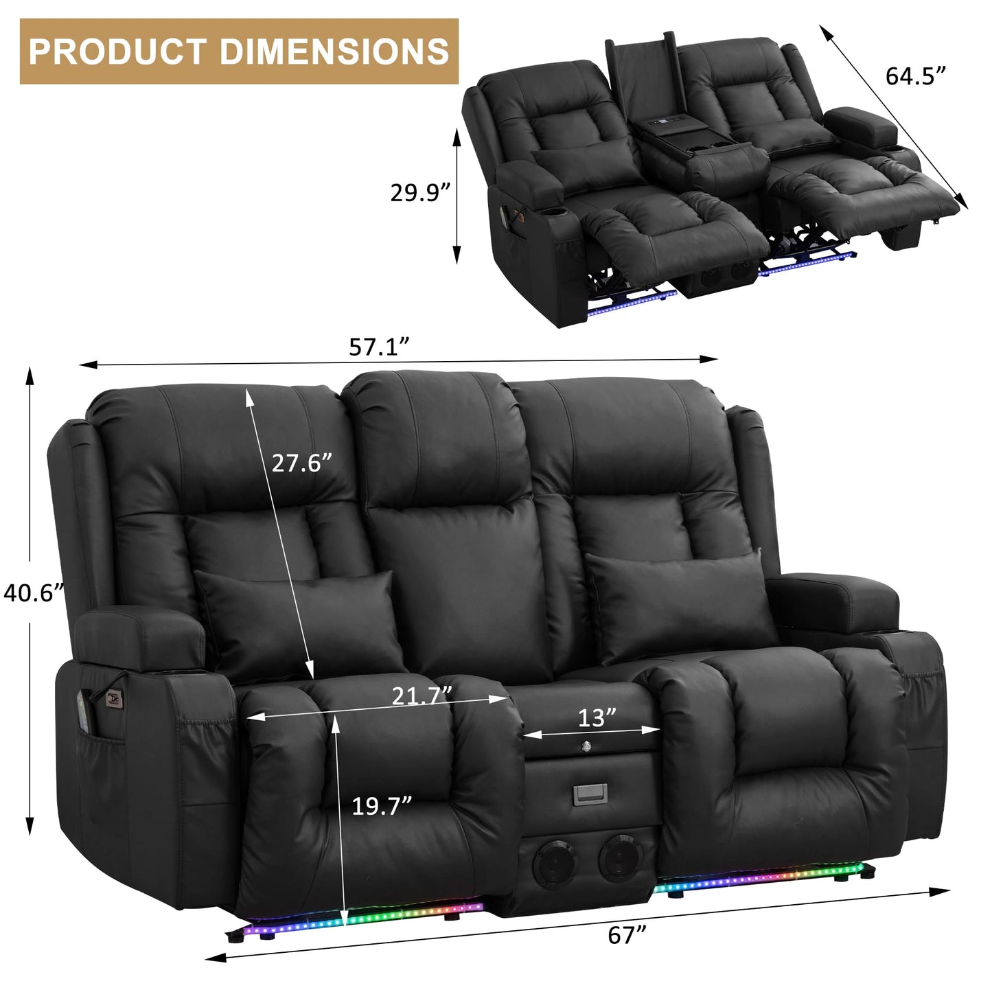 URRED Power Loveseat Recliner Sofa, Faux Leather Home Theater Seating with LED Ambient Light, Double Recliner RV Sofa with Flipped Middle Backrest/Bluetooth Speakers/USB/Built-in Outlets, Black