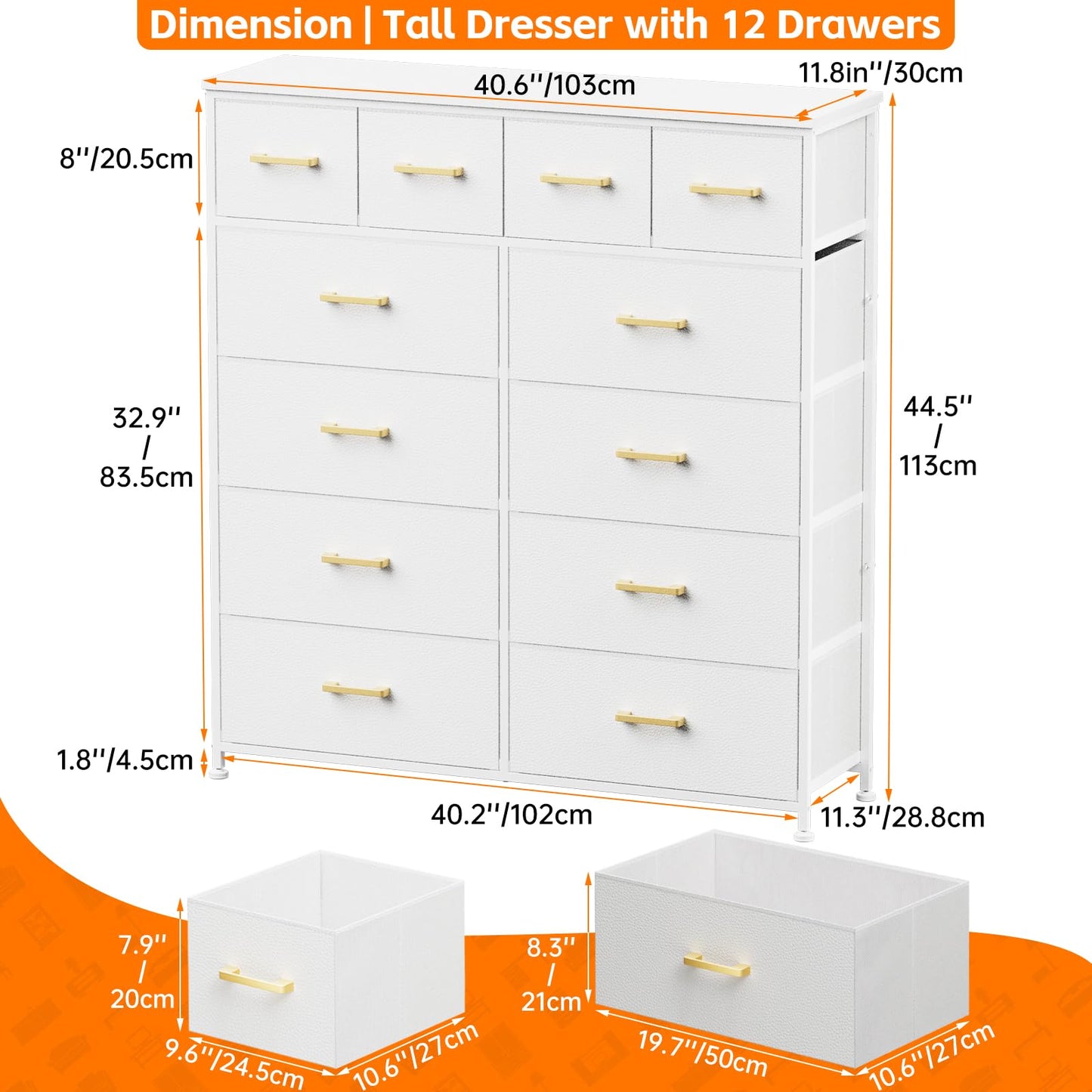 YILQQPER Dresser,White Dresser for Bedroom with 12 Drawers,Tall Dressers for Bedroom,White Fabric Dressers & Chest of Drawers for Bedroom,Closet,Nursery,Girls, White