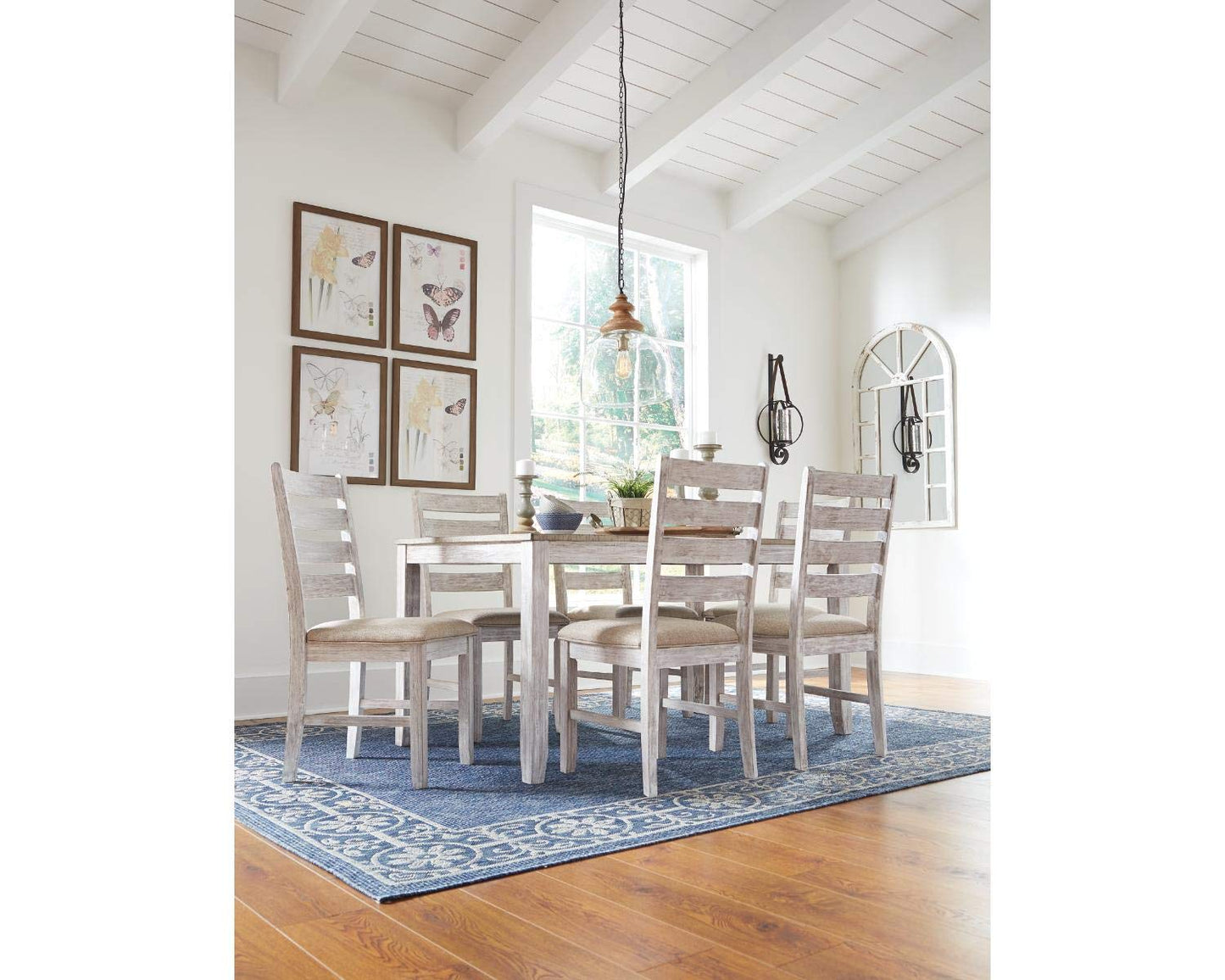 Signature Design by Ashley Skempton Cottage Dining Room Table Set with 6 Upholstered Chairs, Whitewash