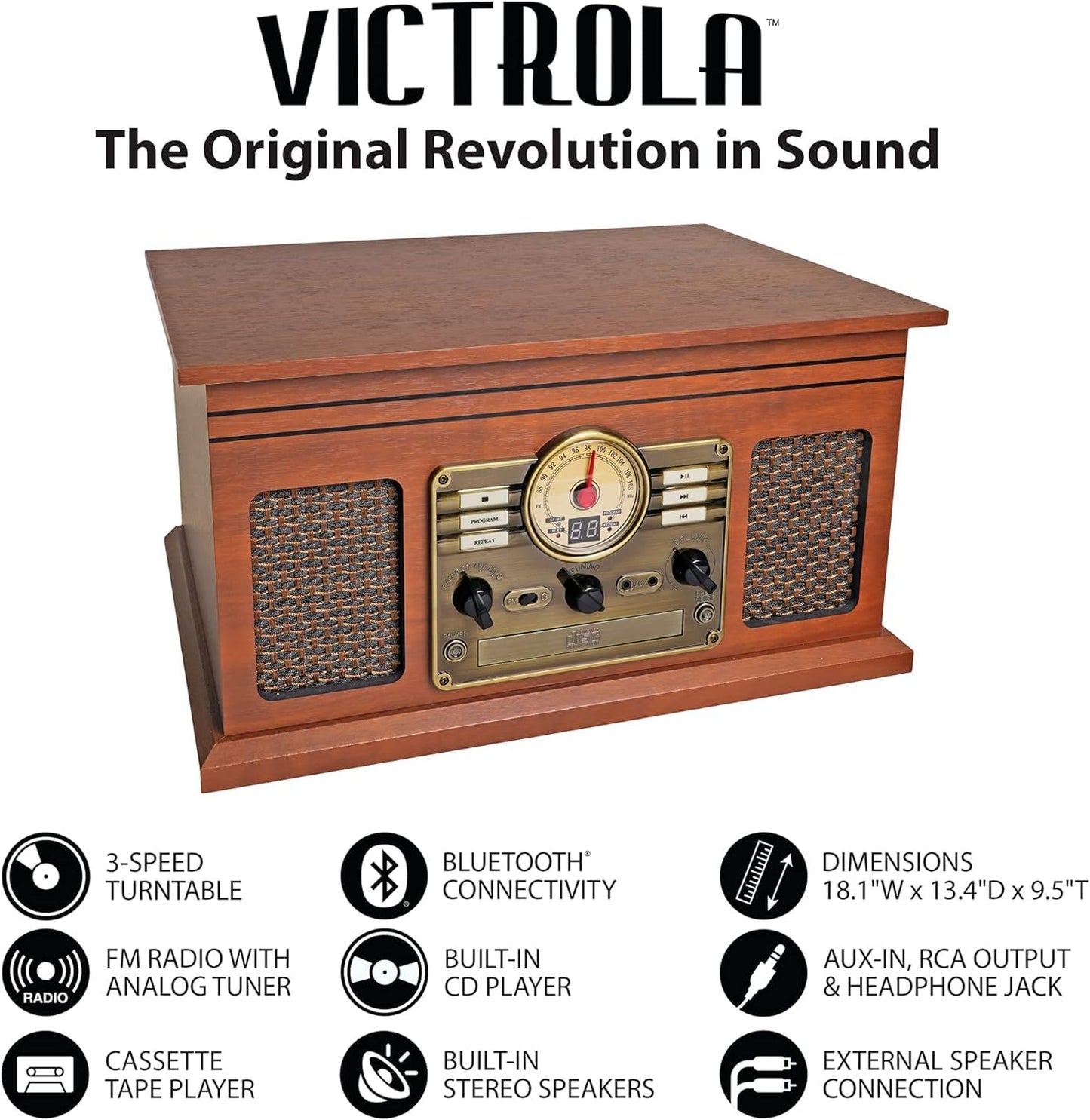 Victrola Nostalgic 6-in-1 Bluetooth Record Player & Multimedia Center with Built-in Speakers - 3-Speed Turntable, CD & Cassette Player, FM Radio | Wireless Music Streaming | Mahogany