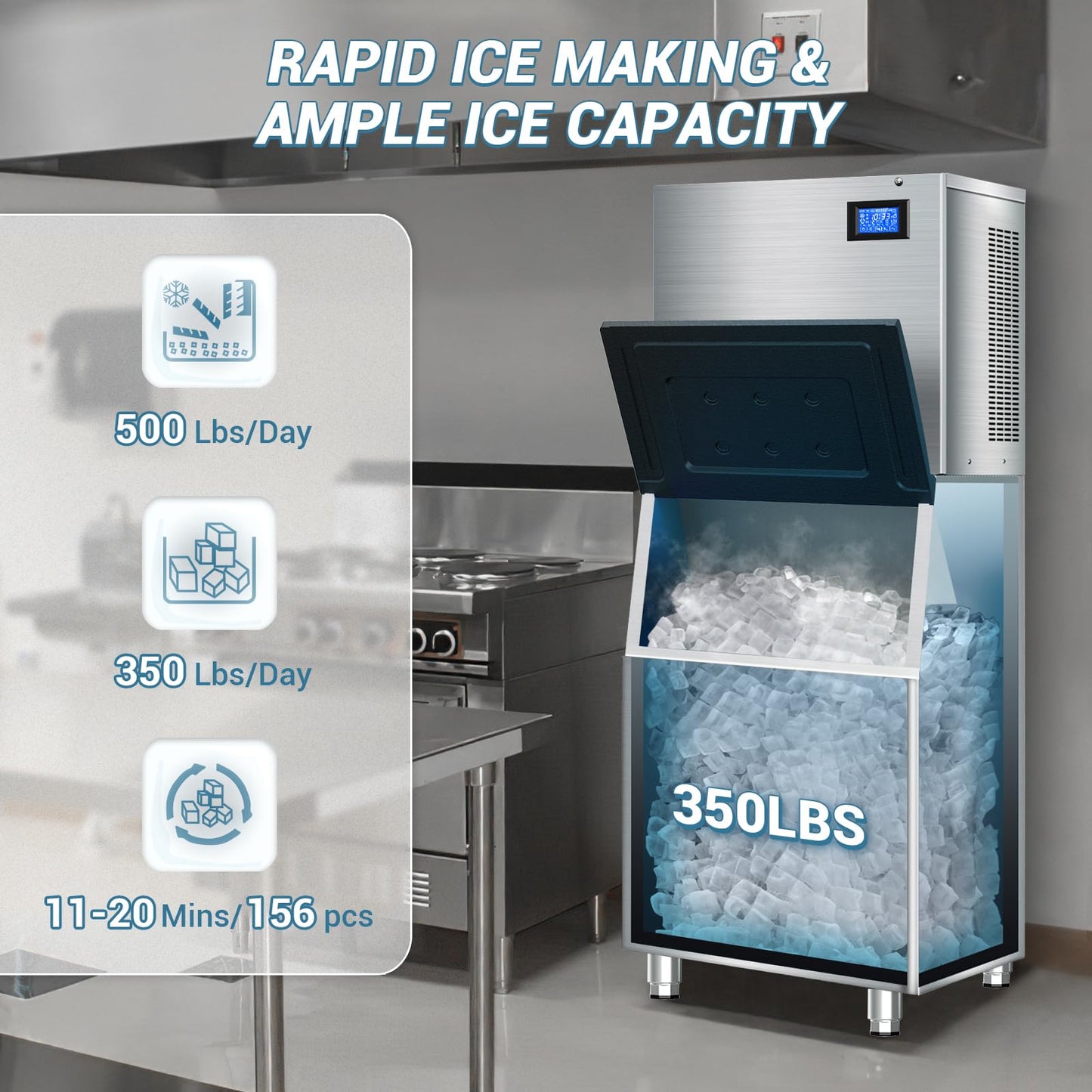 Large Commercial Ice Maker Machine: 500lbs/24H Production, with 350lbs Ice Storage Bucket, 156 Ice Cubes in 6-15 Mins - Stainless Steel Industrial Ice Maker for Restaurant, Bar, Cafe, Commercial Use