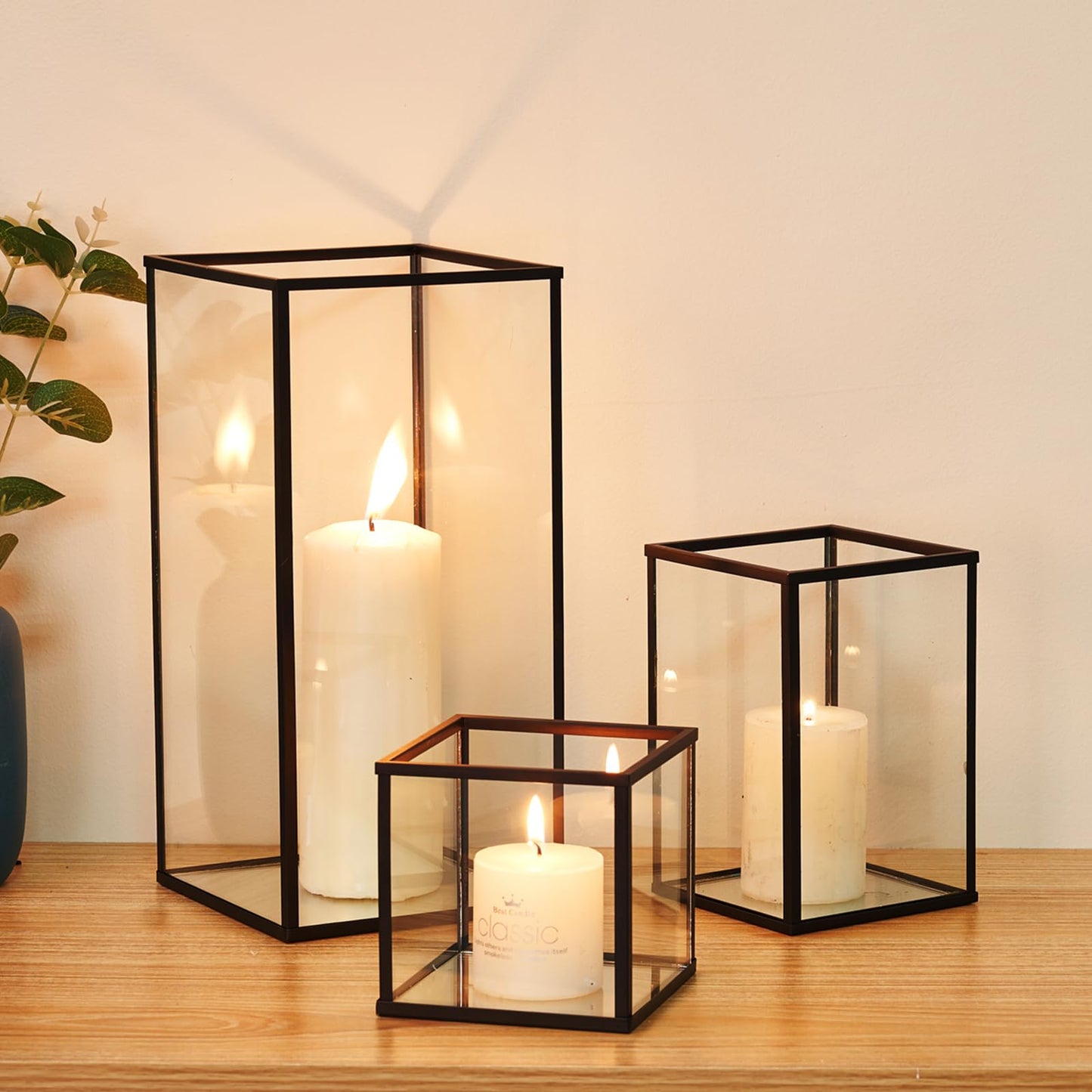 yshengood Glass Hurricane Candle Holder Set of 3 PCS, Black Frame and Glass Hurricane Candleholders