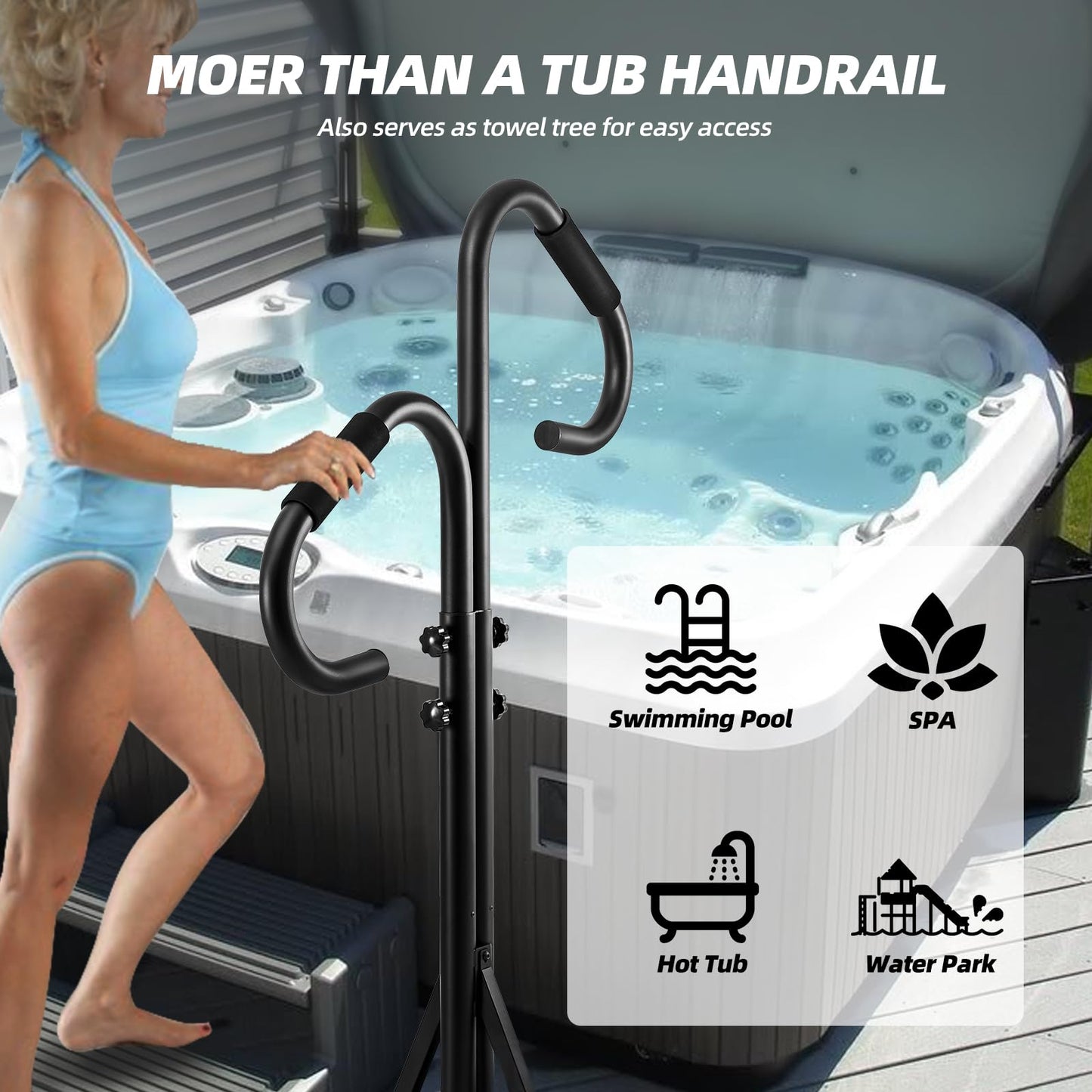 Hot Tub Handrails, Adjustable 45-53" Height with 360 Swivel, SPA Safety Railing,Inside and Outside Two-Way handrails, Indoor/Outdoor, Black Patent Pending