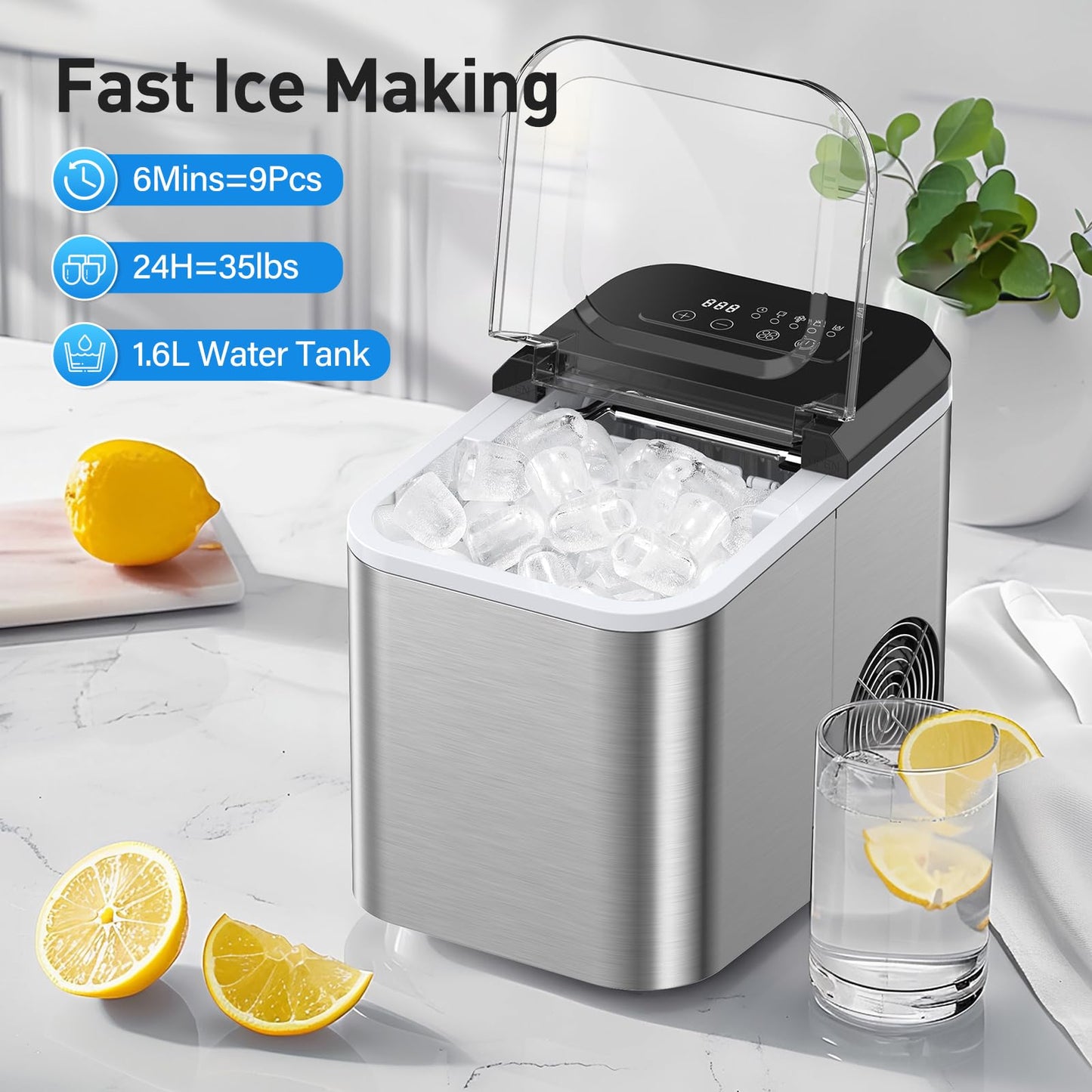 Catlyn Ice Maker Countertop,Self Cleaning Quiet Ice Makers Portable Ice Cube Machine 9 Cubes in 6 Mins 35lbs/24Hrs for Home/Kitchen/Party/Office/Bar/Party/Camping/RV/Dorm - Silver
