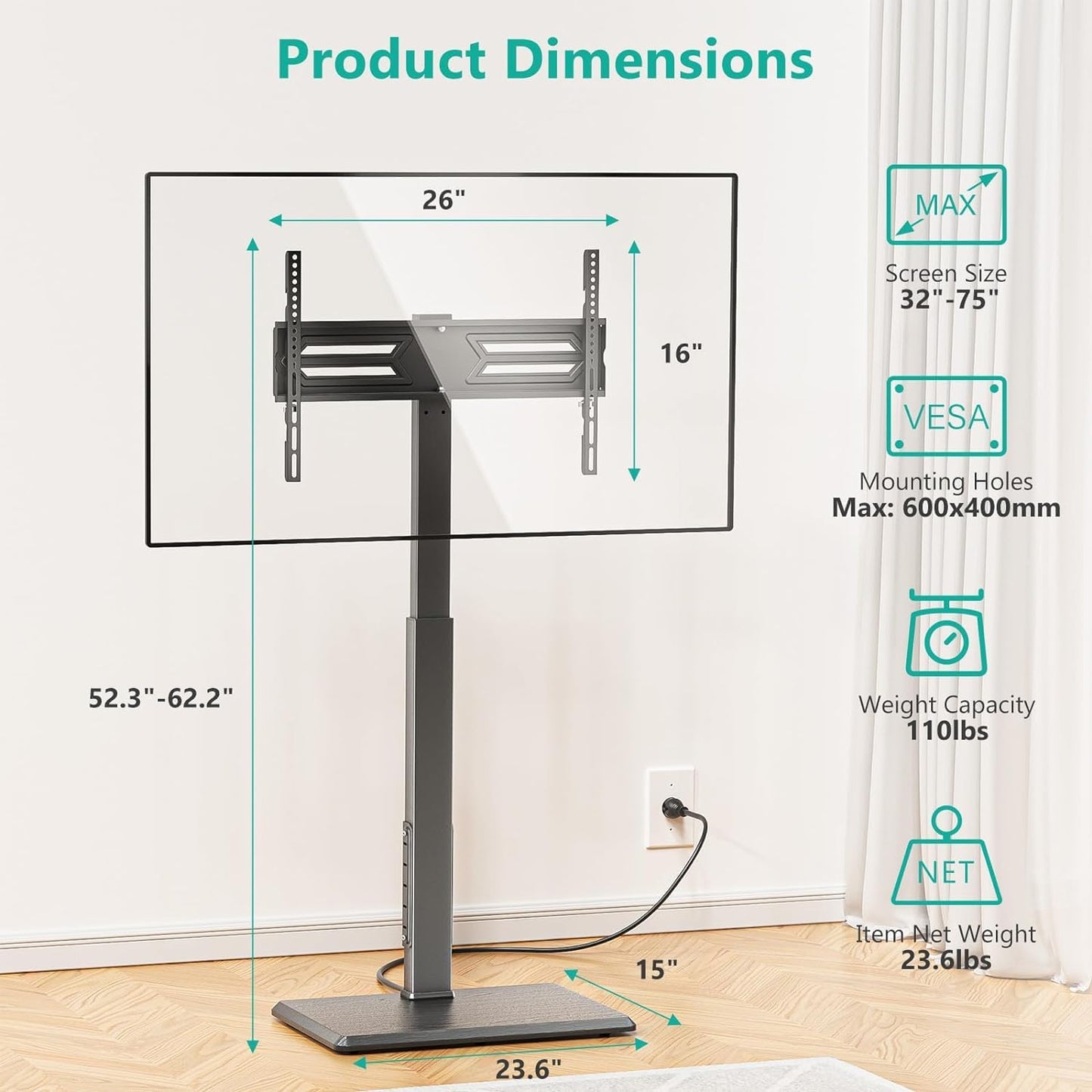 WALI Floor TV Stand with Power Outlet, Tall TV Stand Floor Mount for 32-75 inch TV up to 110 lbs, Swivel and Height Adjustable TV Stand with Wood Base for Bedroom, Living Room,Office(TVDVD-7P)