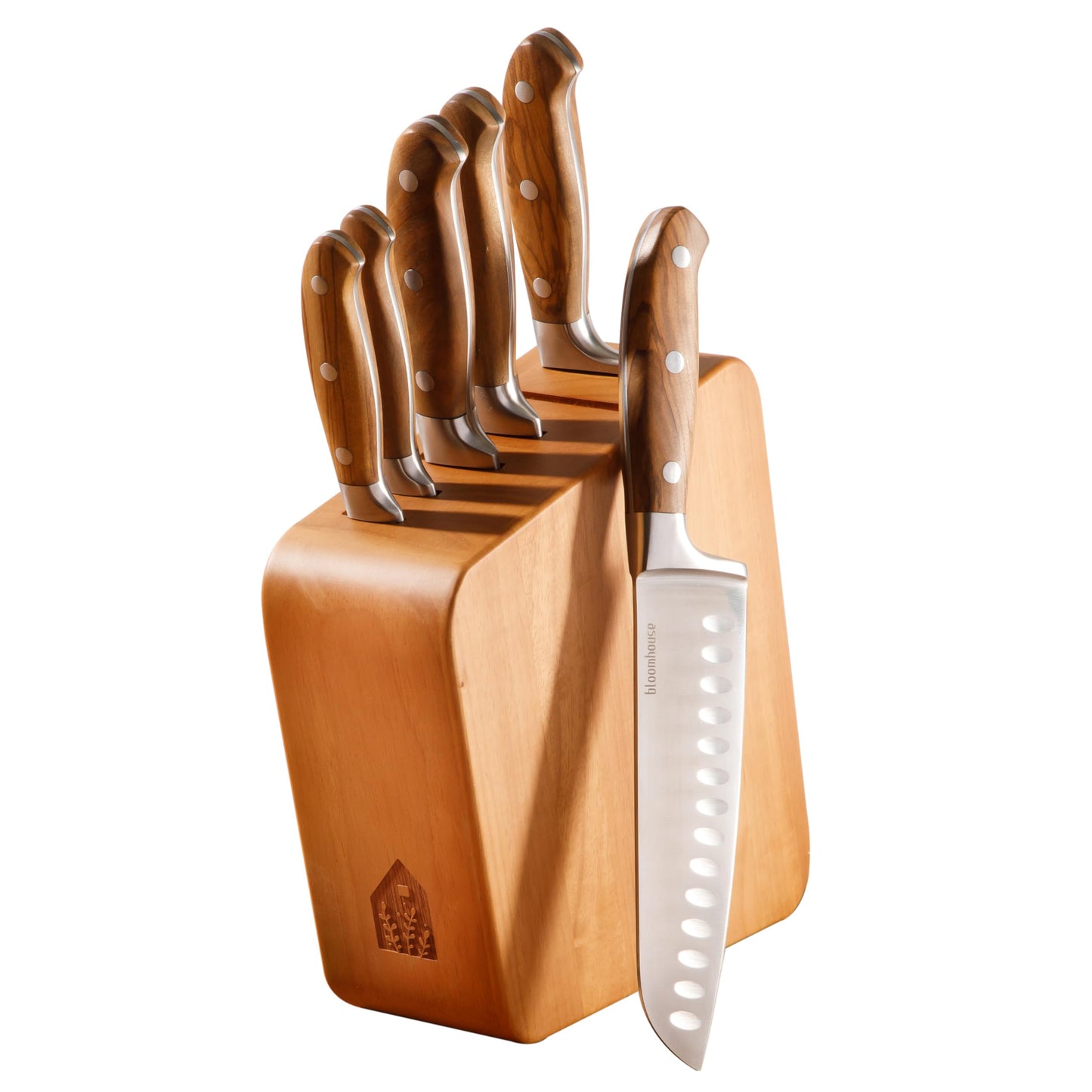 Bloomhouse 7 Piece Italian Olive Wood Knife Block Set w/German Forged Steel Knives