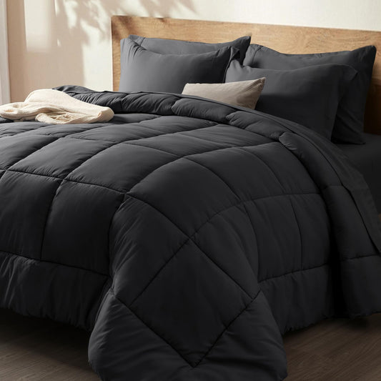 PHF 7 Pieces California King Comforter Set Black, Bed in a Bag Comforter & 18" Sheet Set All Season, Ultra Soft Noiseless Bedding Sets with Comforter, Sheets, Pillowcases & Shams