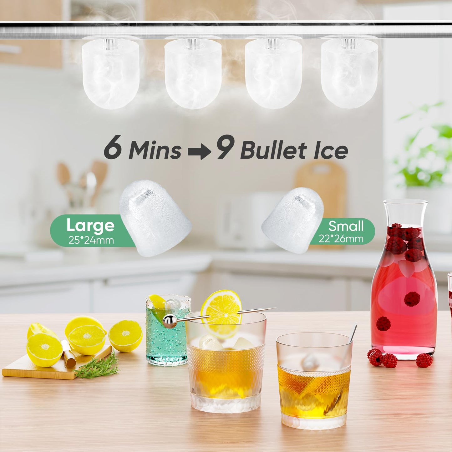 Sweetcrispy Countertop Ice Maker Machine Self-Cleaning, Fast Making 9 Ice Cubes in 6 Minutes, 26.5lbs/24Hrs, 2 Sizes Bullet Ice, Portable Ice Machine with Ice Scoop, Basket and Handle, Black