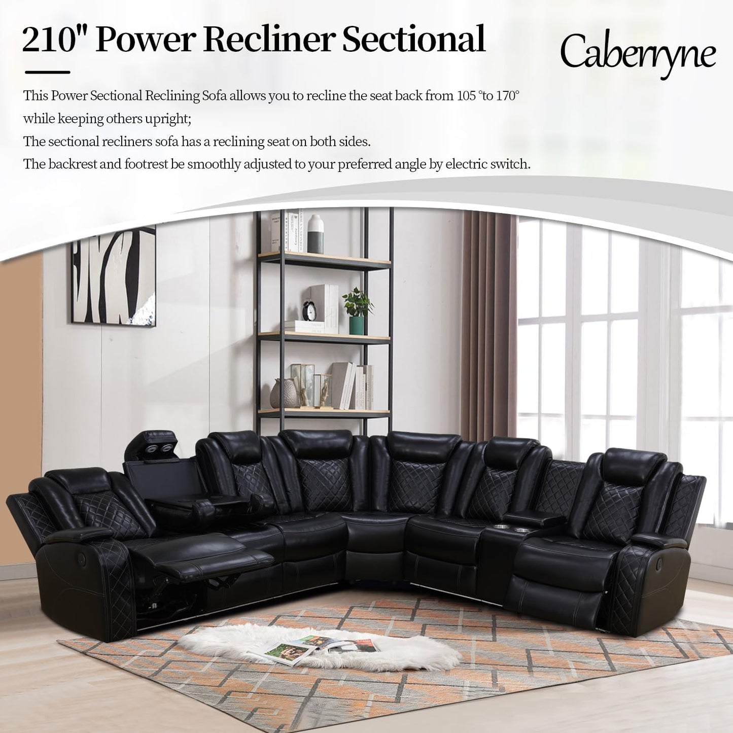 Caberryne Power Recliner Sofa Sectional Couches with LED Light for Living Room,Leather Reclining Corner Sectional Sofa with 2 Recliner Seats,Cup Holder,Storage Console for House/Home Theater, Black