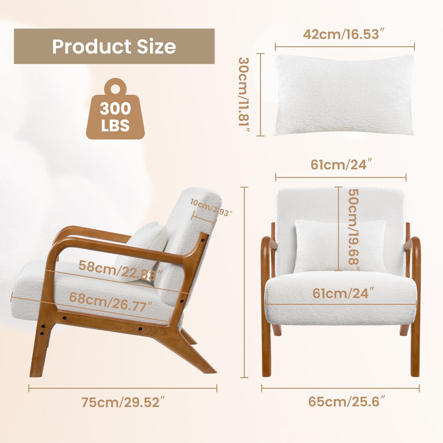 Brick Attic Mid Century Accent Chair Living Room Chair Modern Sherpa Reading Armchair with Waist Cushion and Solid Wood Frame for Bedroom Balcony, Ivory