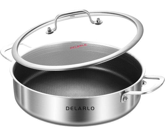 DELARLO Tri-Ply Stainless Steel Saute Pan 6 Quarts Deep Frying Pan, 12 inch Induction Compatible Chef Cooking Pan, large Sauté Pan with lid, Dishwasher & Oven Safe