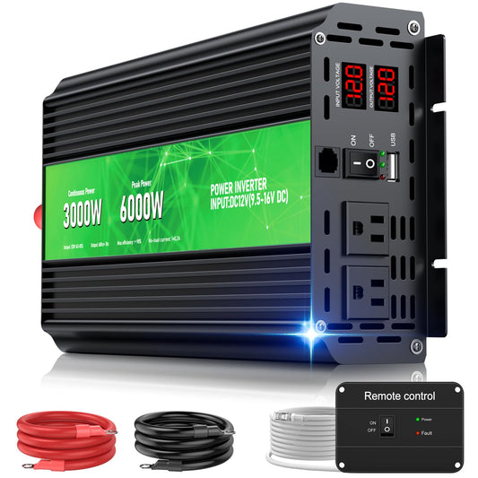 3000W Power Inverter,Peak Power 6000W 12V DC to AC 110V120V,Remote Control with 2AC Outlets and 2.4USB Port,LCD Display for Power Converter,Outdoor Activities,Emergency,Vehicles Truck RV Solar System