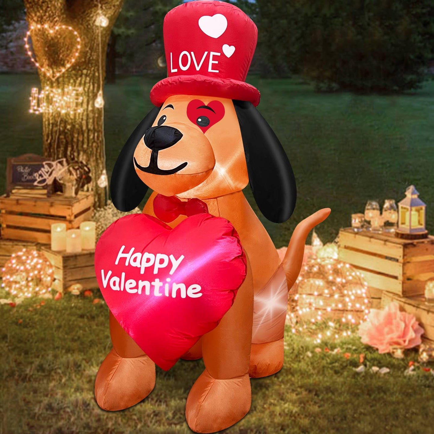 TURNMEON 4 Ft Valentine's Day Inflatables Outdoor Decoration Blow Up Dog Holds Happy Valentine Heart LED Lighted Valentines Decorations Yard Lawn Garden Indoor Home Party Wedding Valentines Decor Gift