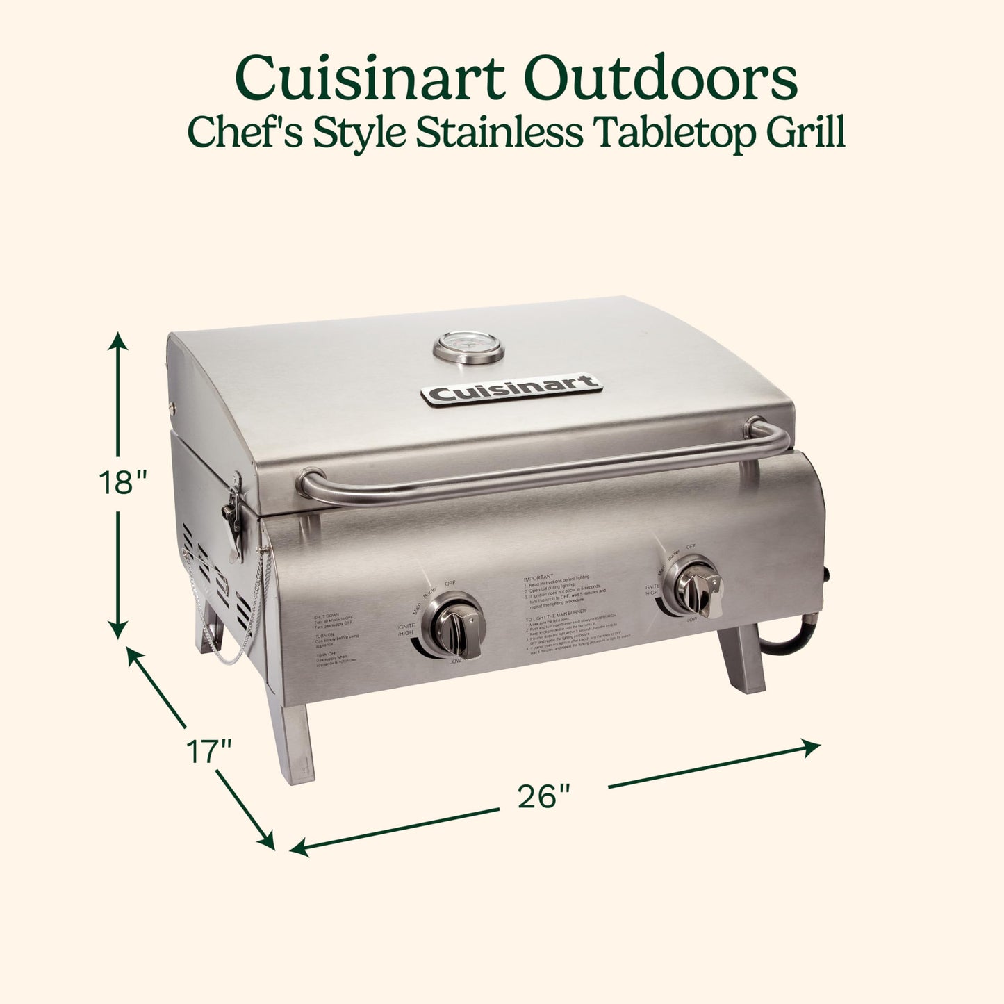 Cuisinart CGG-306 Chef's Style Portable Propane Tabletop 20,000, Professional Gas Grill, Two 10,000 BTU Burners, Stainless Steel