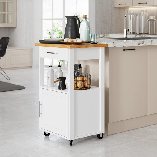 Shintenchi Kitchen Island Cart with Storage,Rolling Side Table on Wheels with Worktop,Single Door Cabinet and Drawer for Dinning Room, White