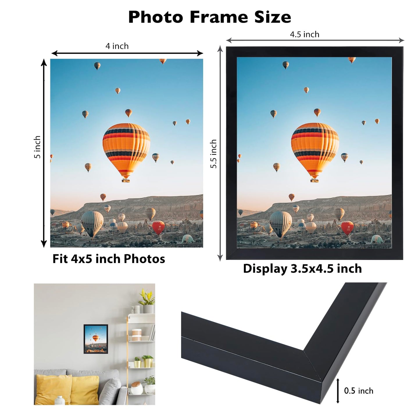 JCJMY 4x5 Picture Frame Black for Wall Hanging or Tabletop, Wall Mounting Horizontally or Vertically, 4 x 5 Wall Gallery Poster Photo Frame with Shatter Resistant Plexiglass, Black