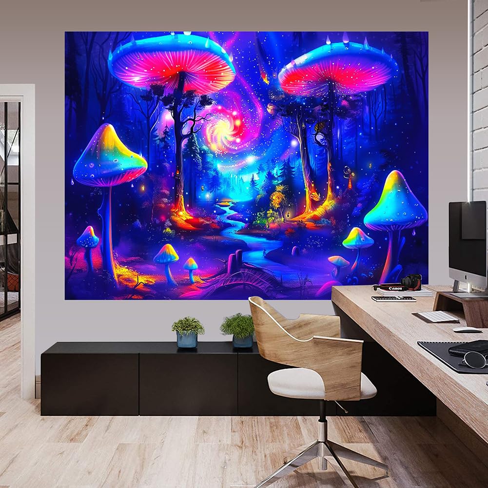 BJYHIYH Extra Large Blacklight Tapestry Wall Hanging Galaxy Mushroom Tapestries Fantasy Forest Tapestry for Bedroom Living Room Decor(90"×70")