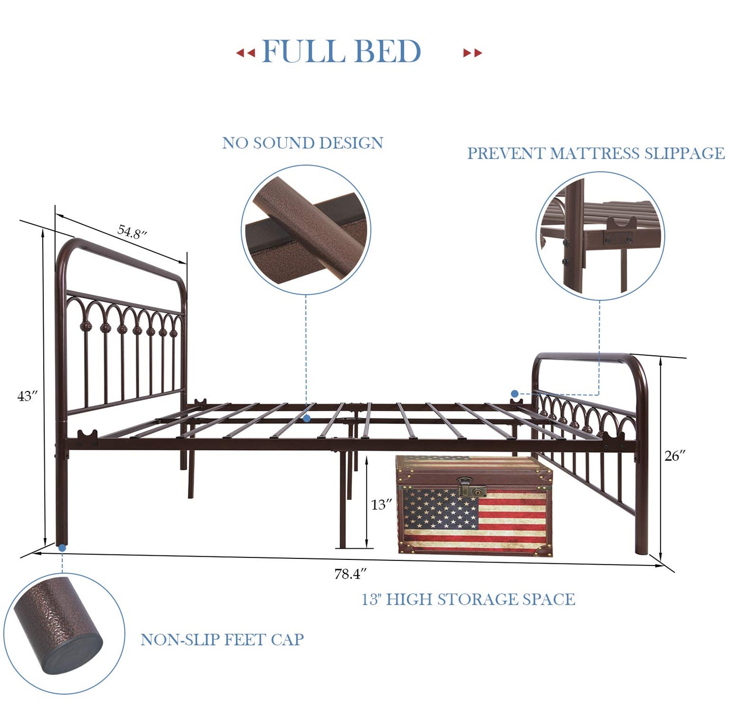 YALAXON Vintage Sturdy Full Size Metal Bed Frame with Headboard and Footboard Basic Bed Frame No Box Spring Needed，Antique Brown