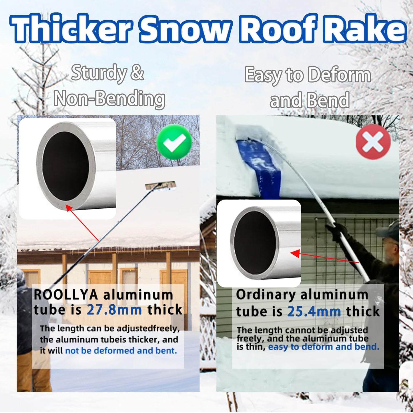 ROOLLYA Thicken Snow Roof Rake with Wheels, 4.79' - 19.98' Extendable Aluminum Snow Rake for House Roof, Anti-Slip Roof Rake Snow Removal Tool with 26" Blade & 5-Section Tubes