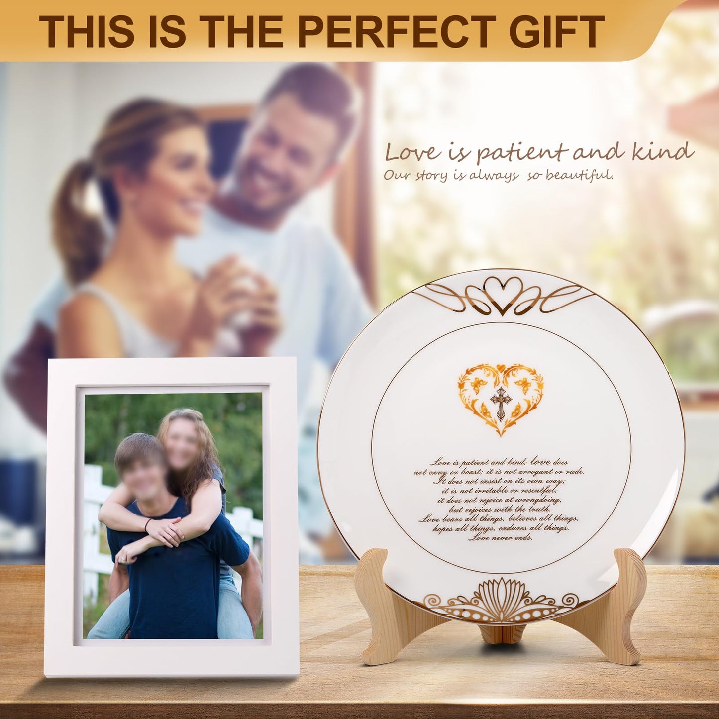 ICUPCIOUS Christian Decorations with 24K Gold Edge,Wedding Anniversary Plates,Wedding Gifts for Couples 2024,Couple Plates,with Picture Frame,Ceramic 9"