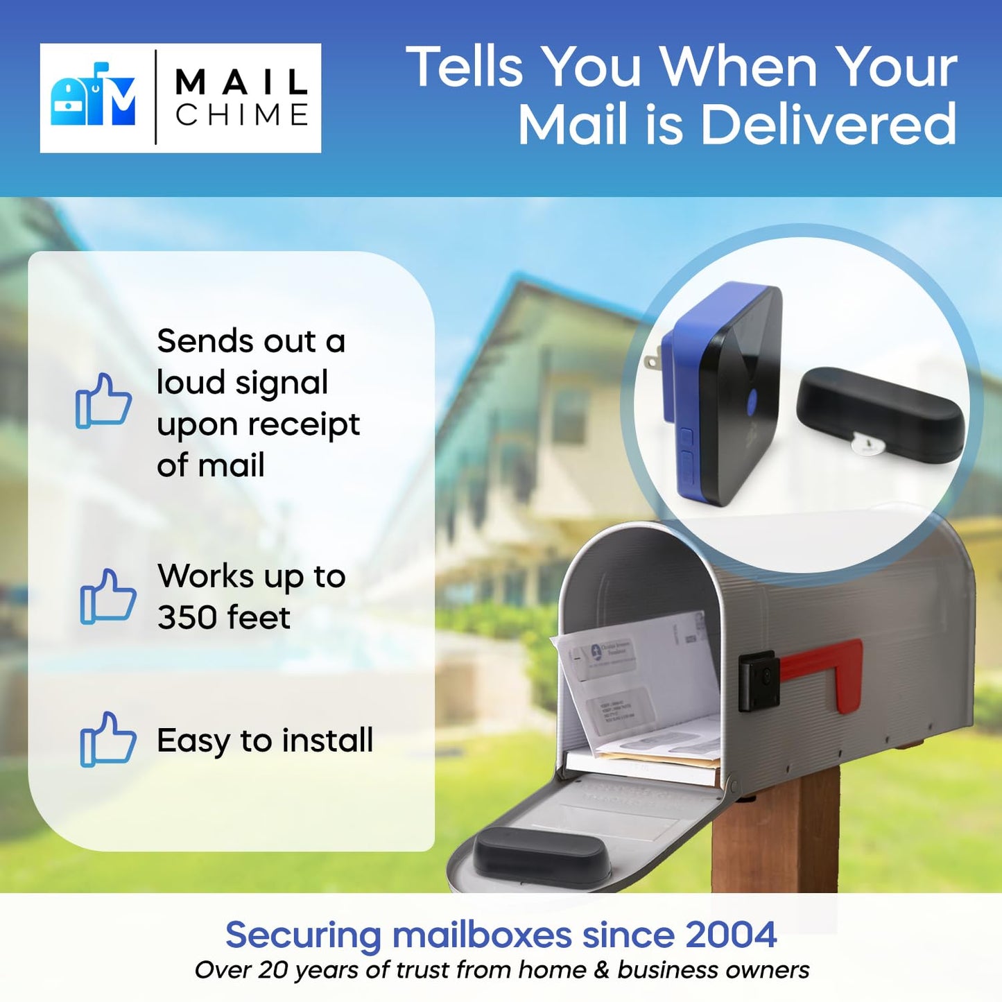 Mail Chime: Mail Alarm - Long Range (500 ft) Wireless Mailbox Alert - LED Light and Sound Alerts 20 Year Proven Brand