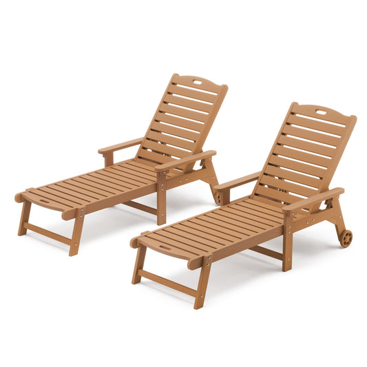 LUE BONA Outdoor Chaise Lounge Chairs Set of 2, HDPS Material, 3-Year Warranty, Patio Lounge Chair with Adjustable Backrest, Resin Pool Lounge Chairs with Wheels for Outside, Poolside, Teak Color