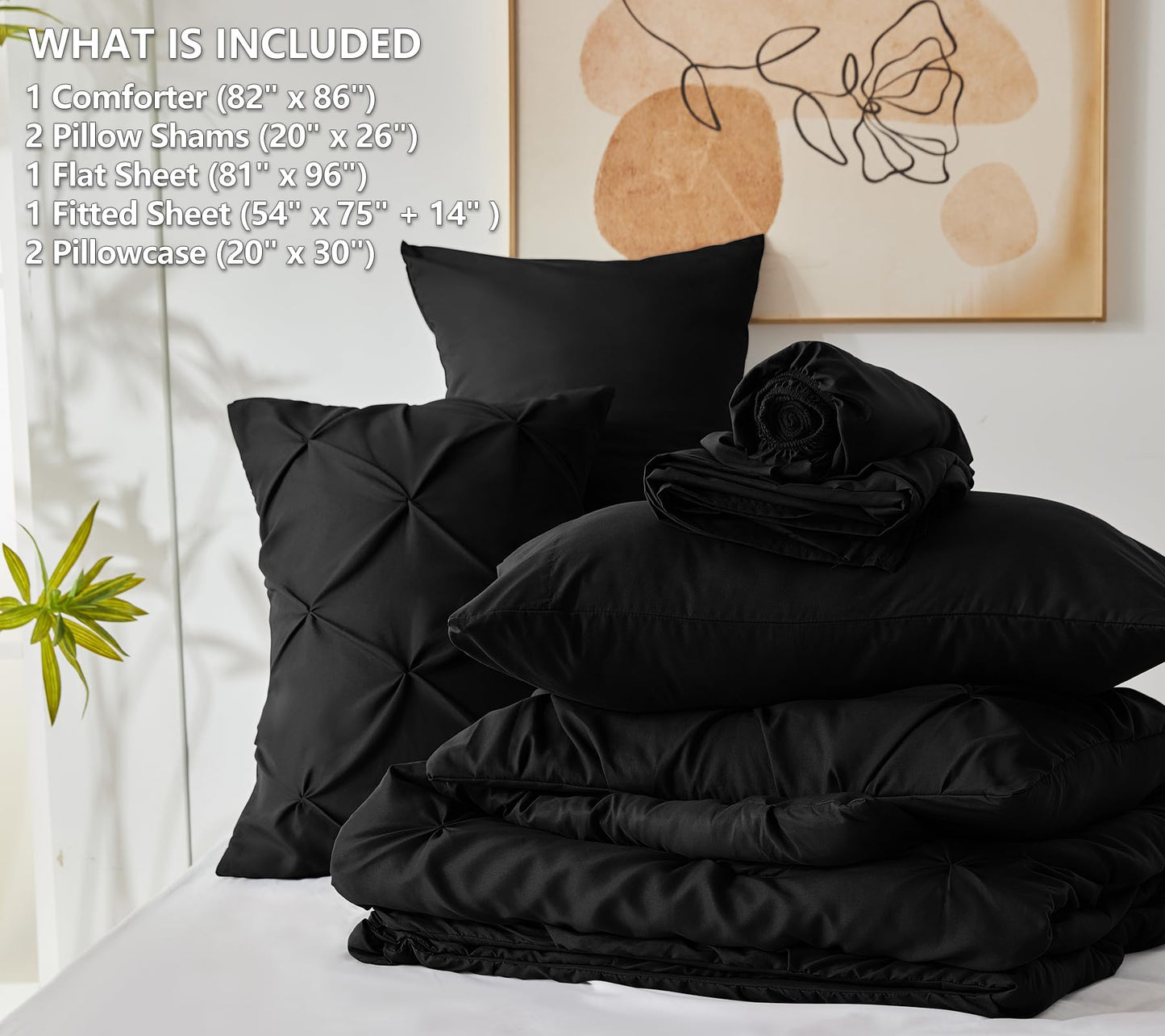 CozyLux Full Comforter Set - 7 Pieces Comforters Full Size Black, Pintuck Bed in A Bag Pinch Pleat Bedding Sets with All Season Comforter, Flat Sheet, Fitted Sheet and Pillowcases & Shams