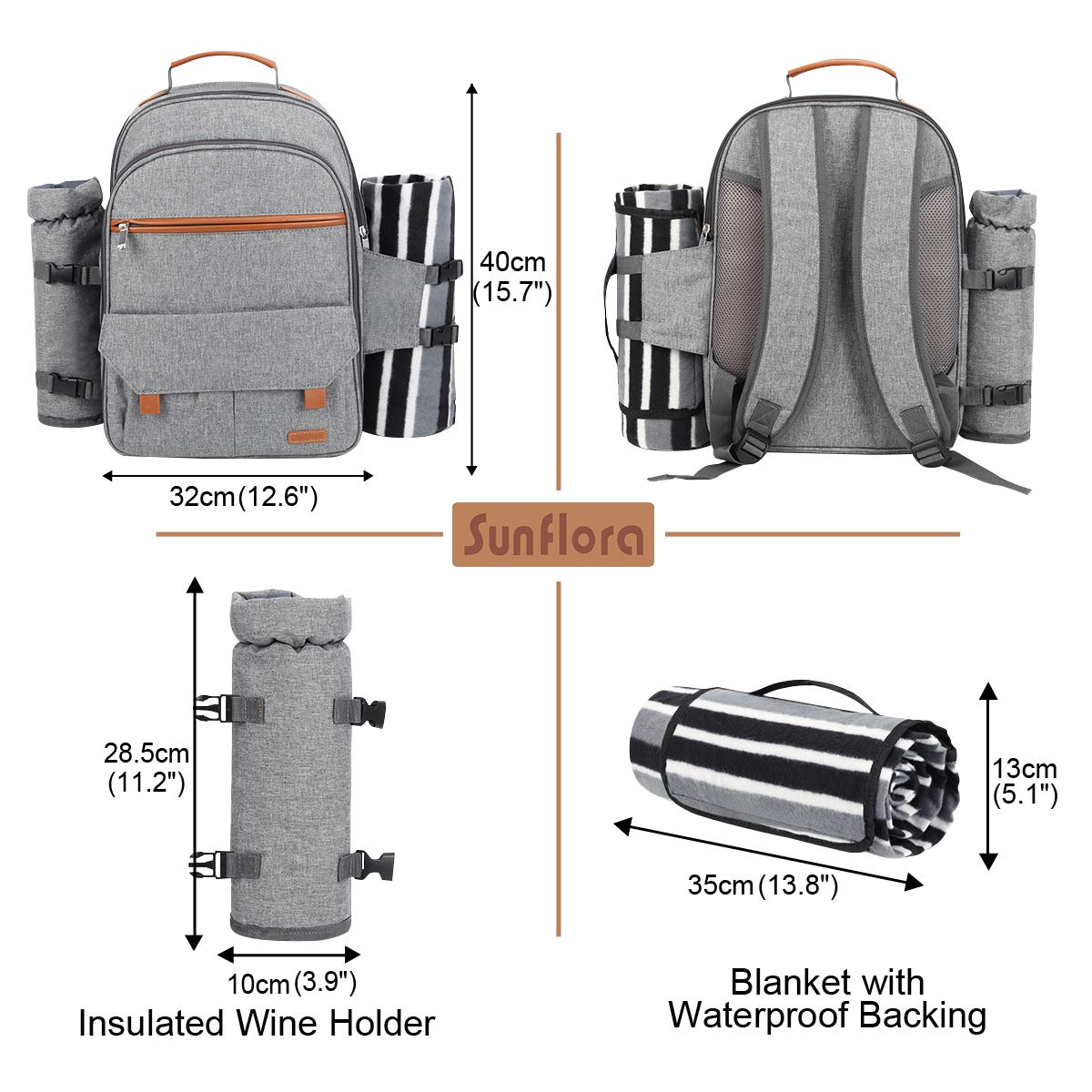 Sunflora Picnic Backpack for 4 Person with Blanket Picnic Basket Set for 2 with Insulated Cooler Wine Pouch for Family Couples (Gray)