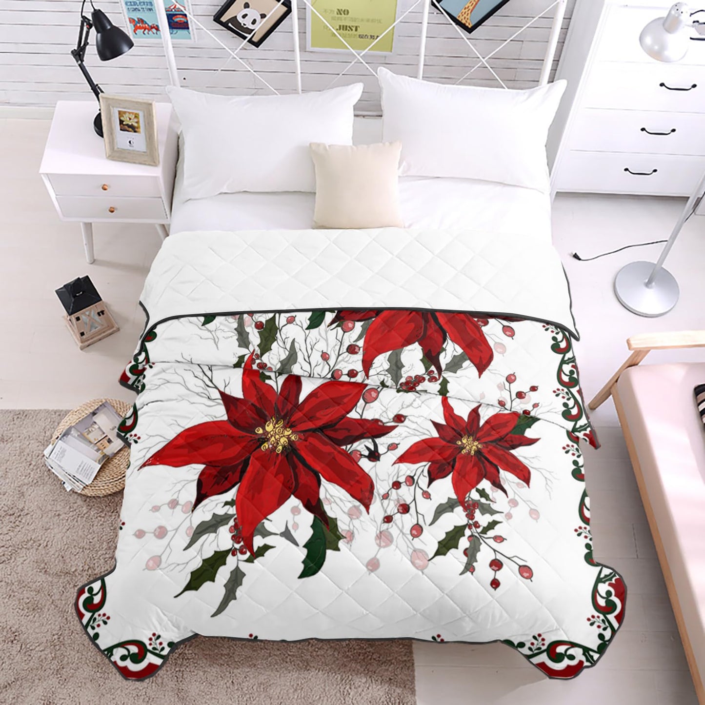 T&H XHome Quilt Full Size Luxury Quilted Comforter Bedspread-Thin Soft Cozy, Christmas Flower Poinsettia Red Floral Border Reversible Stitched Lightweight Quilt Coverlet for All Season