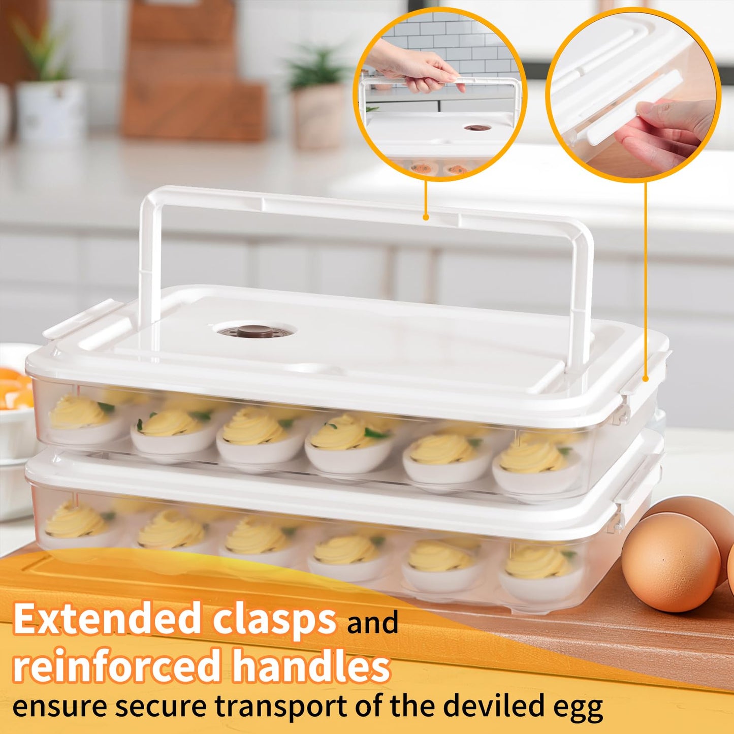 Newness Deviled Egg Containers with Lid, (Set of 2), Plastic Deviled Egg Carrier with Handle for 48 Eggs, Clear Storage Devil Egg Platter, Fridge Portable Egg Tray, Perfect for Picnic and Party