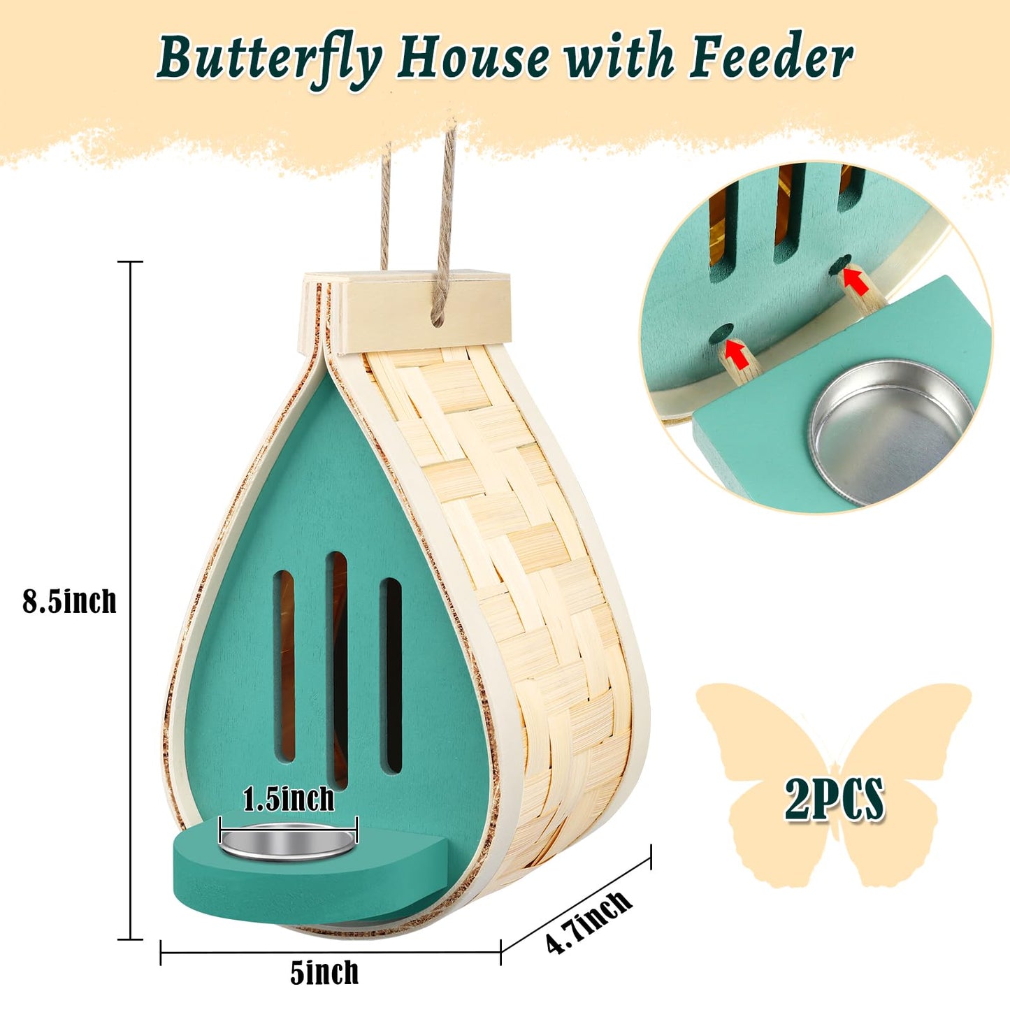 2 Pcs Butterfly House and Feeder, Wooden Hanging Butterfly House for Garden, Natural Butterfly Habitat with Butterfly Puddler for Bugs, Butterflies, Moths, Lacewings