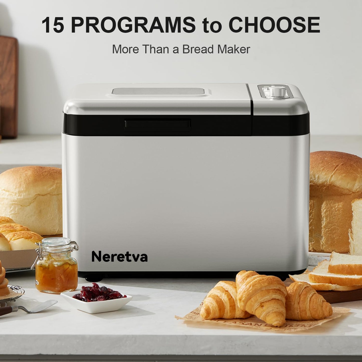 Neretva Bread Maker Machine, 15-in-1 3.3LB Automatic Breadmaker with Dual Kneading Paddles Digital, Programmable, 1 Hour Keep Warm, 3 Loaf Sizes, 3 Crust Colors Auto Nut Dispenser Stainless Steel