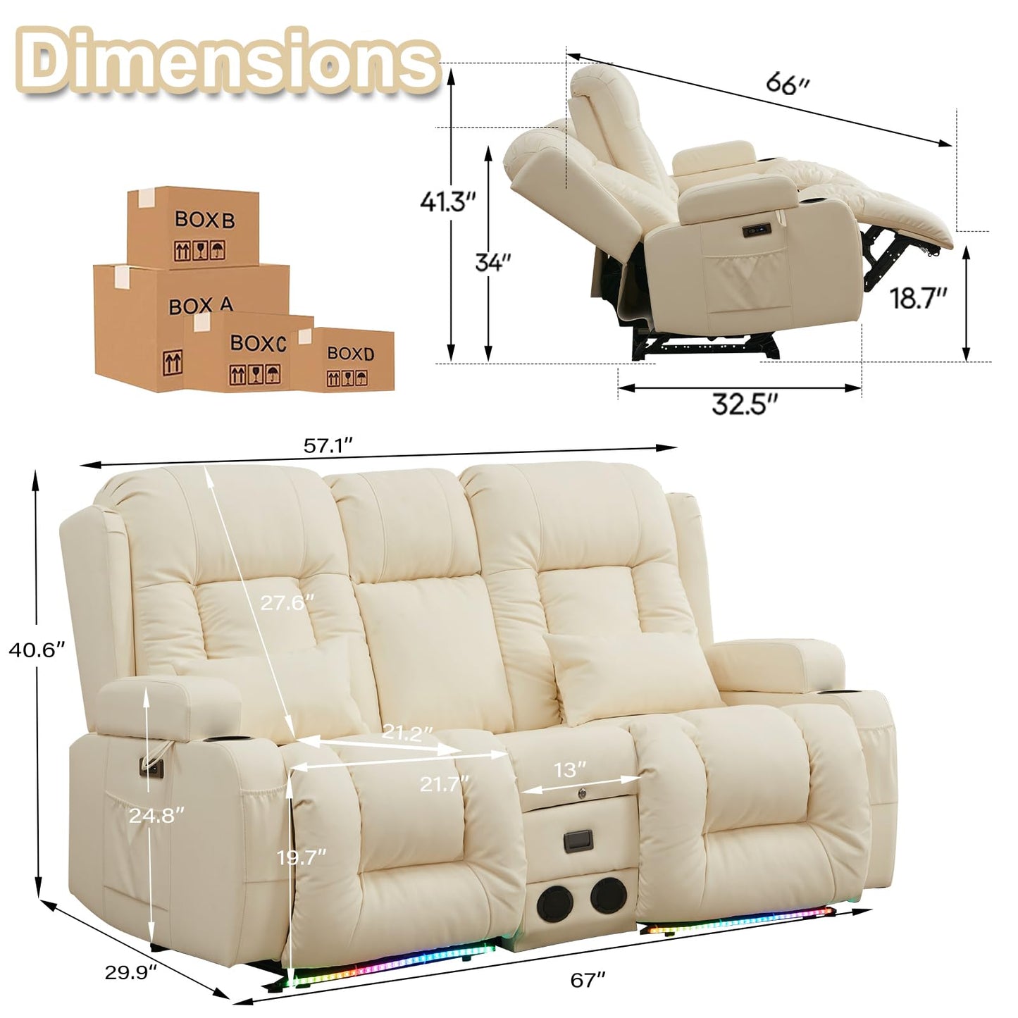 TUNYI Power Loveseat Recliner Sofa with Massage & Heat Home Theater Seating with Console Electric Recliner RV Sofa with USB/Outlet/Storage/Side Pocket/LED Light/Speaker (White, Loveseat)