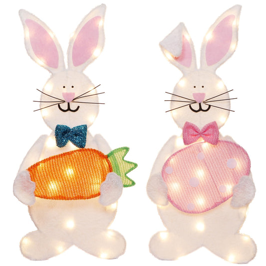 Sancodee Lighted Easter Bunny Decoration, Pre-lit 2D Plush Rabbit with Carrot and Egg, Easter Decor for Indoor Outdoor Home Yard Patio Lawn Garden