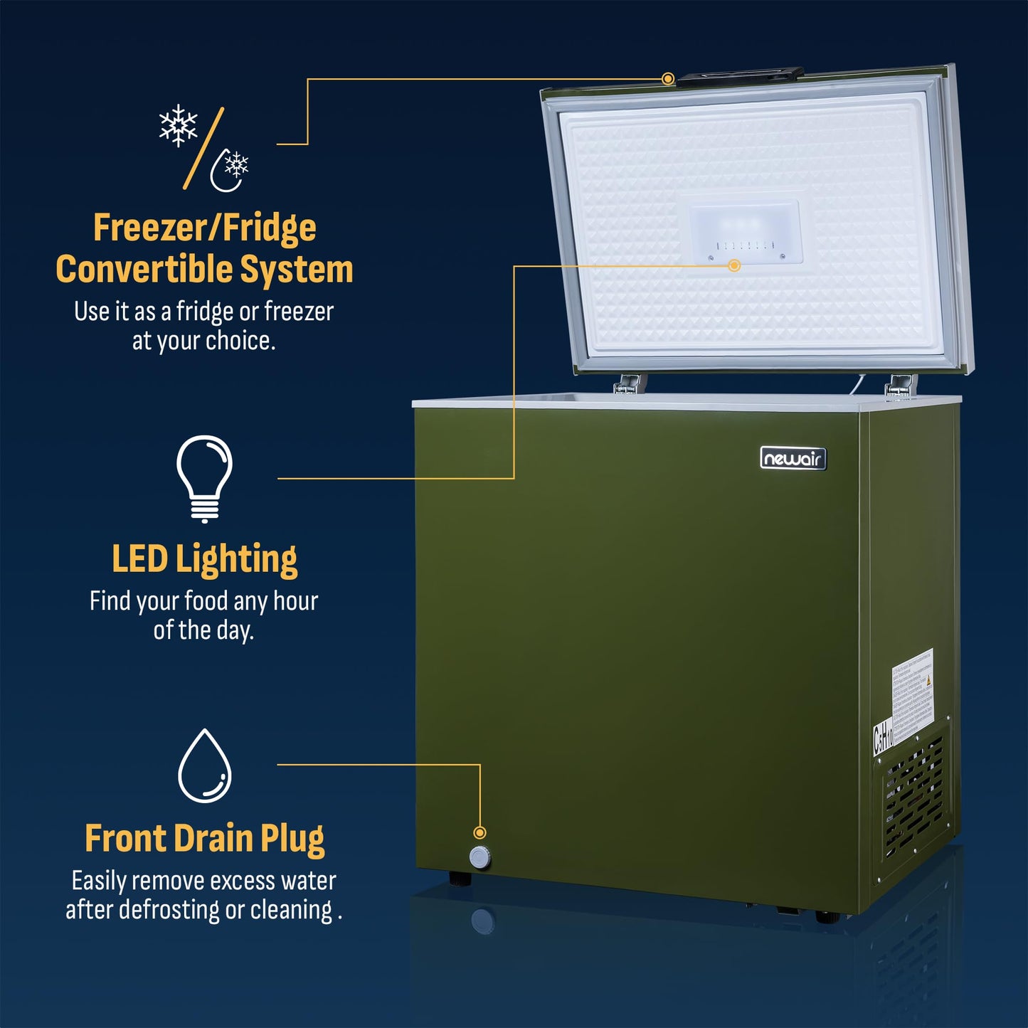 Newair 5 Cu. Ft. Chest Freezer with Removable Basket, Quiet Deep Freezer, Digital Temperature Control, Top Open Door Alarm, Fast Freeze Mode, Mini Freezer, Garage Storage, Olive Green