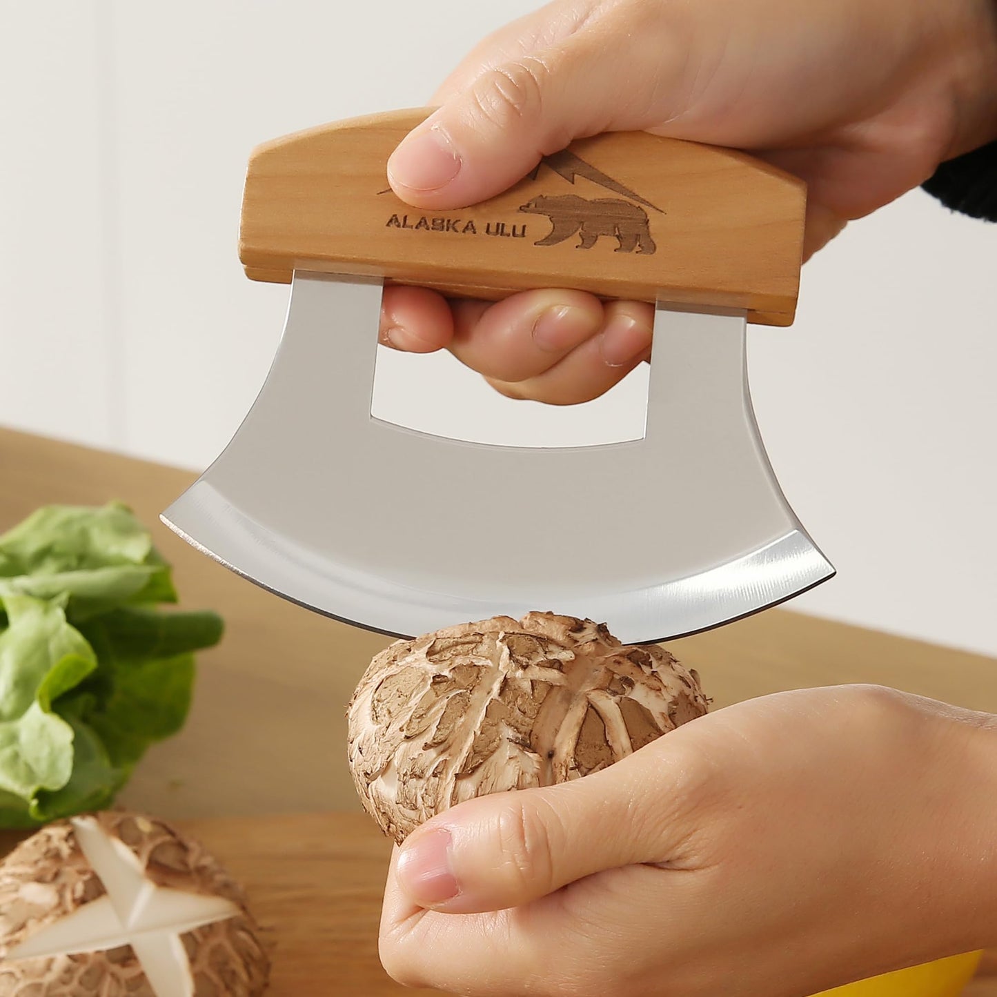 WIUCYS 5inch Alaskan Mezzaluna Ulu Knife, Salad Veggies Rocker Chopper Slicer Cutter Hashing Chopping Mincing Cleaver with Wooden Stand Arthritic Tool