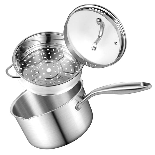 Buttermelt 2.5 Quart Stainless Steel Saucepan with Steamer Basket, Tri-ply Full Body, Multipurpose Sauce Pot with Two-Size Drainage Holes Lid, Perfect For Boiling Gravies, Pasta, Noodles