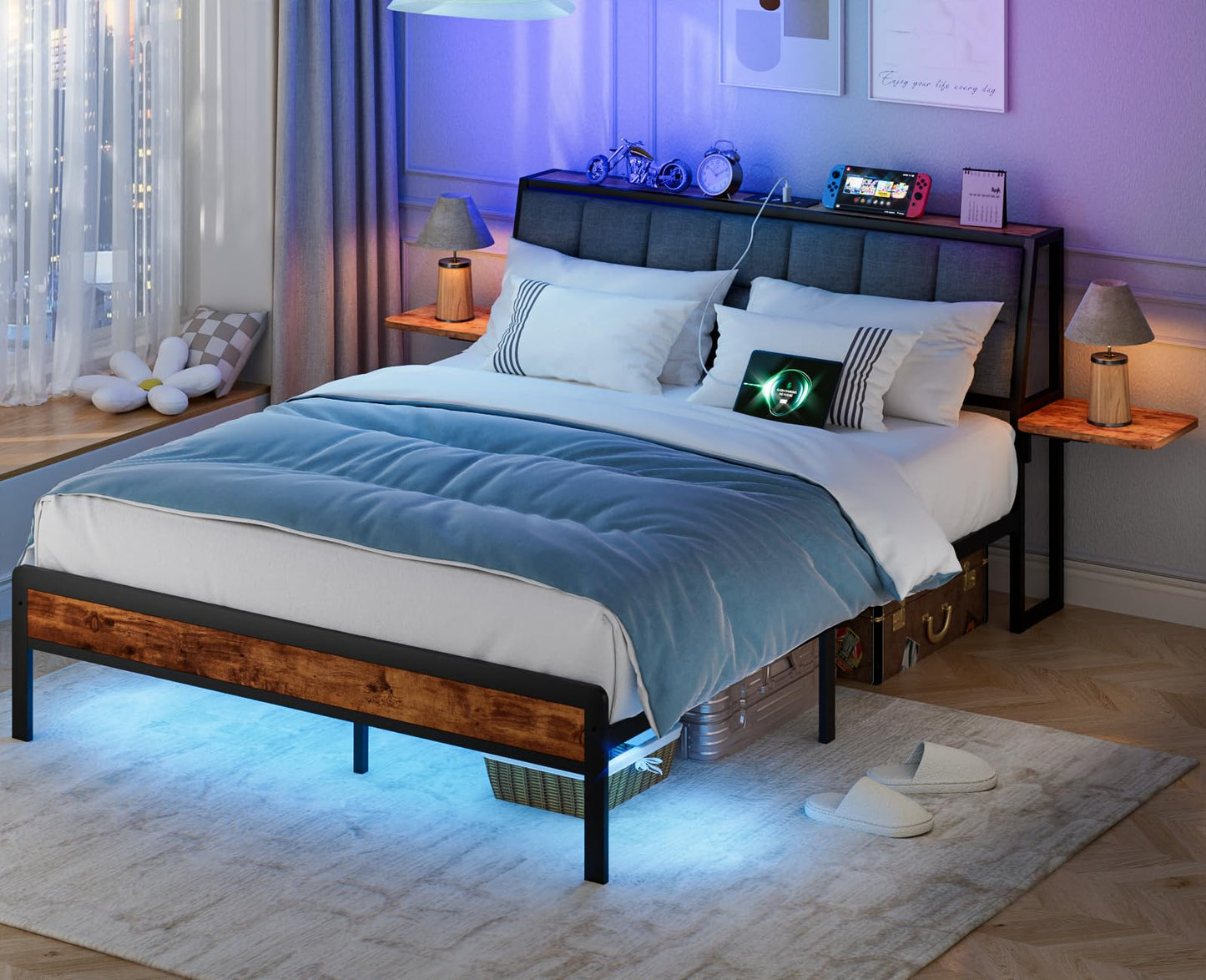 Furnulem Queen Size Bed Frame with RGB LED Lights,USB Port and Power Outlet,Upholstered Headboard Soft Backrest and Bedside Shelf,No Box Spring Needed