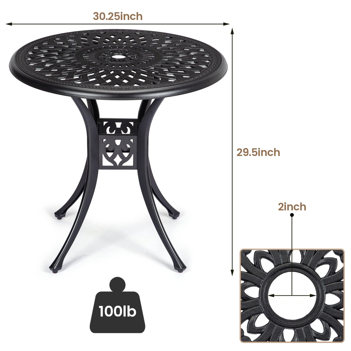 TROPOW 30.25 Inch Cast Aluminum Bistro Table with Umbrella Hole, Round Patio Bistro Table with Adjustable Feet, Outdoor Side Table for Porch, Backyard, Garden, Balcony, Black