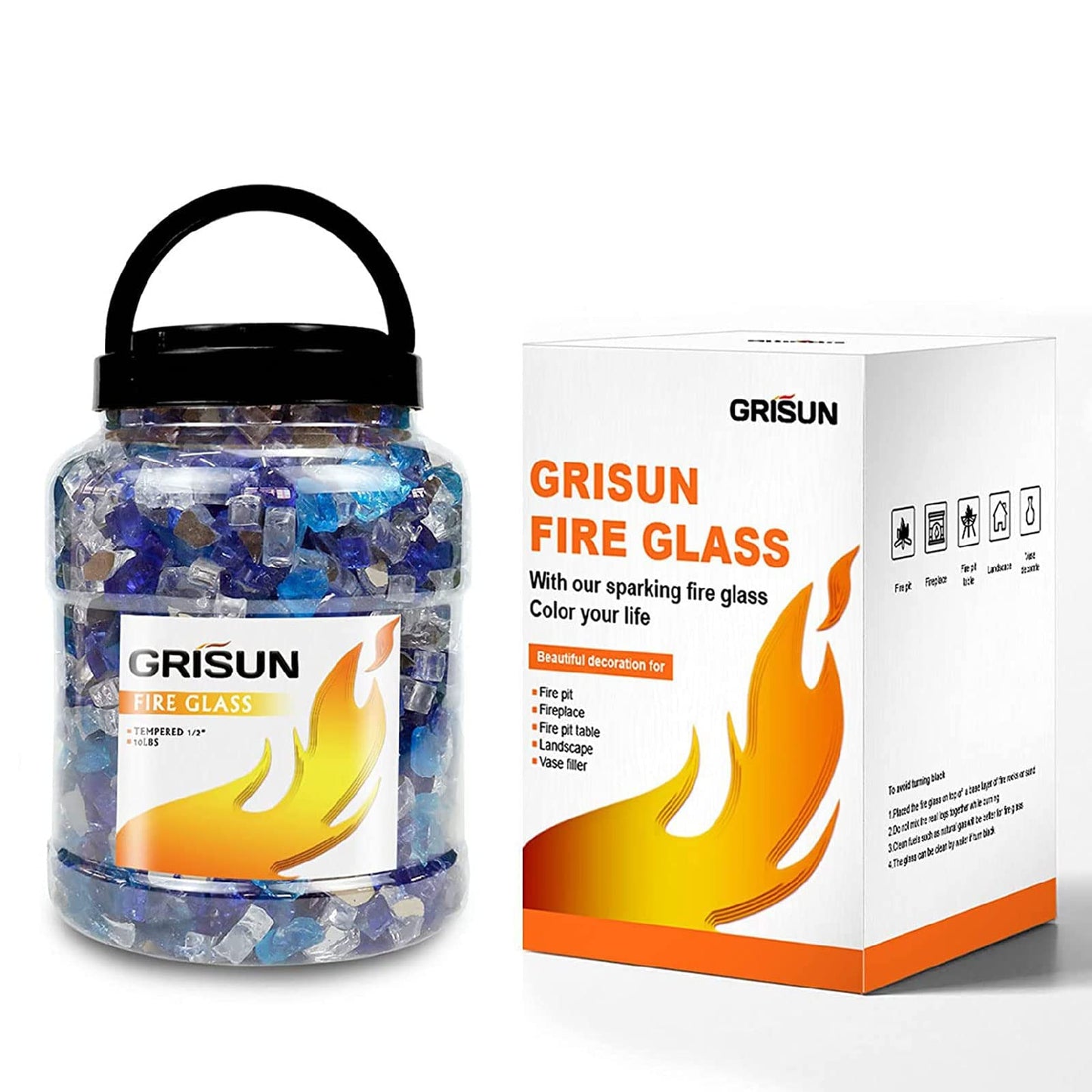 Grisun Fire Glass for Fire Pit - 1/2 Inch 10 Pounds High Luster Reflective Tempered Glass Rocks for Natural or Propane Fireplace, Safe for Outdoors and Indoors Bahama Blend Fire Pit Glass