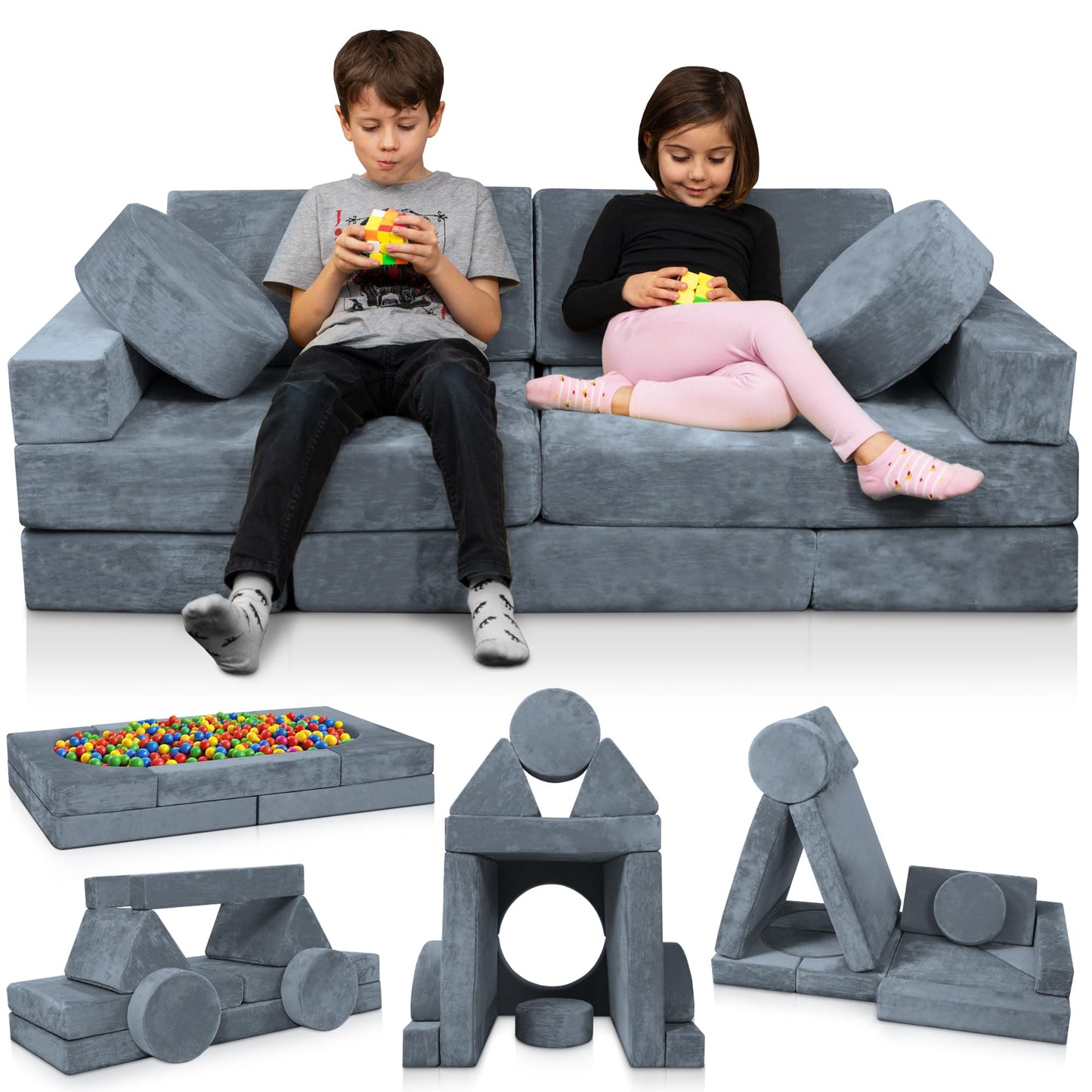 Lunix LX15 14pcs Modular Kids Play Couch, Child Sectional Sofa, Fortplay Bedroom and Playroom Furniture for Toddlers, Convertible Foam and Floor Cushion for Boys and Girls, Gray