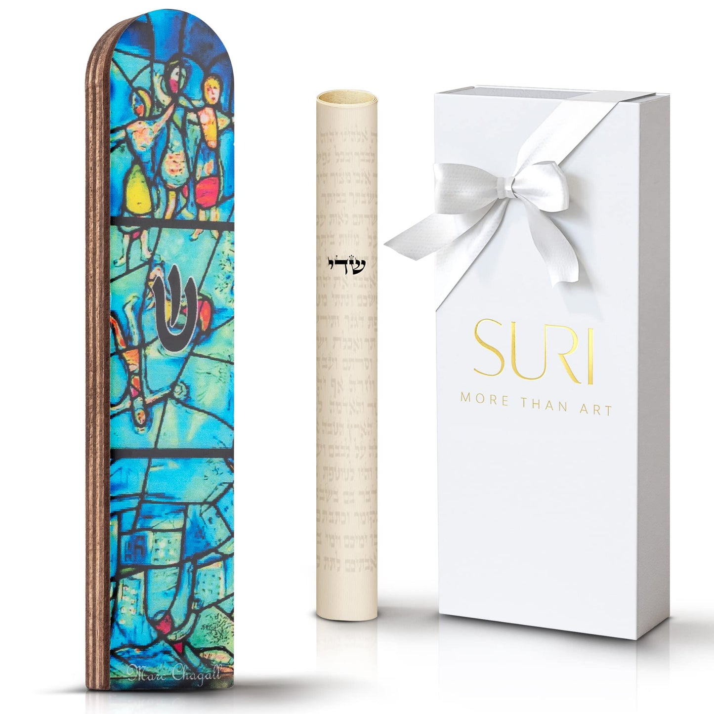 Wooden Mezuzah for Door | Contemporary 5 Inch Mezuzah Case with Non Kosher Scroll | Self Stick Mezuzahs for Easy Installation | Judaica Turquoise Chagall-Inspired Design, Packaged in a Gift Box