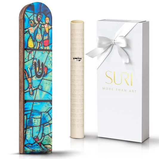 Wooden Mezuzah for Door | Contemporary 5 Inch Mezuzah Case with Non Kosher Scroll | Self Stick Mezuzahs for Easy Installation | Judaica Turquoise Chagall-Inspired Design, Packaged in a Gift Box