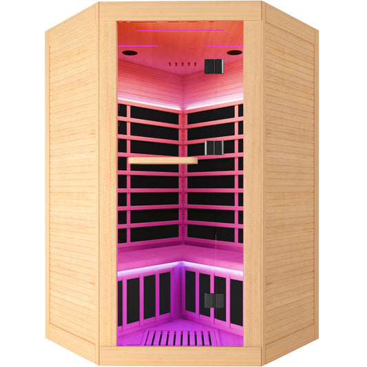 OUTEXER Corner Sauna for 2-3 Person Far Infrared Saunas Room Home Canadian Hemlock Indoor 2100W Low-EMF Dry Saunas with 7 Color Therapy 47.2 * 47.2 * 74.8inch