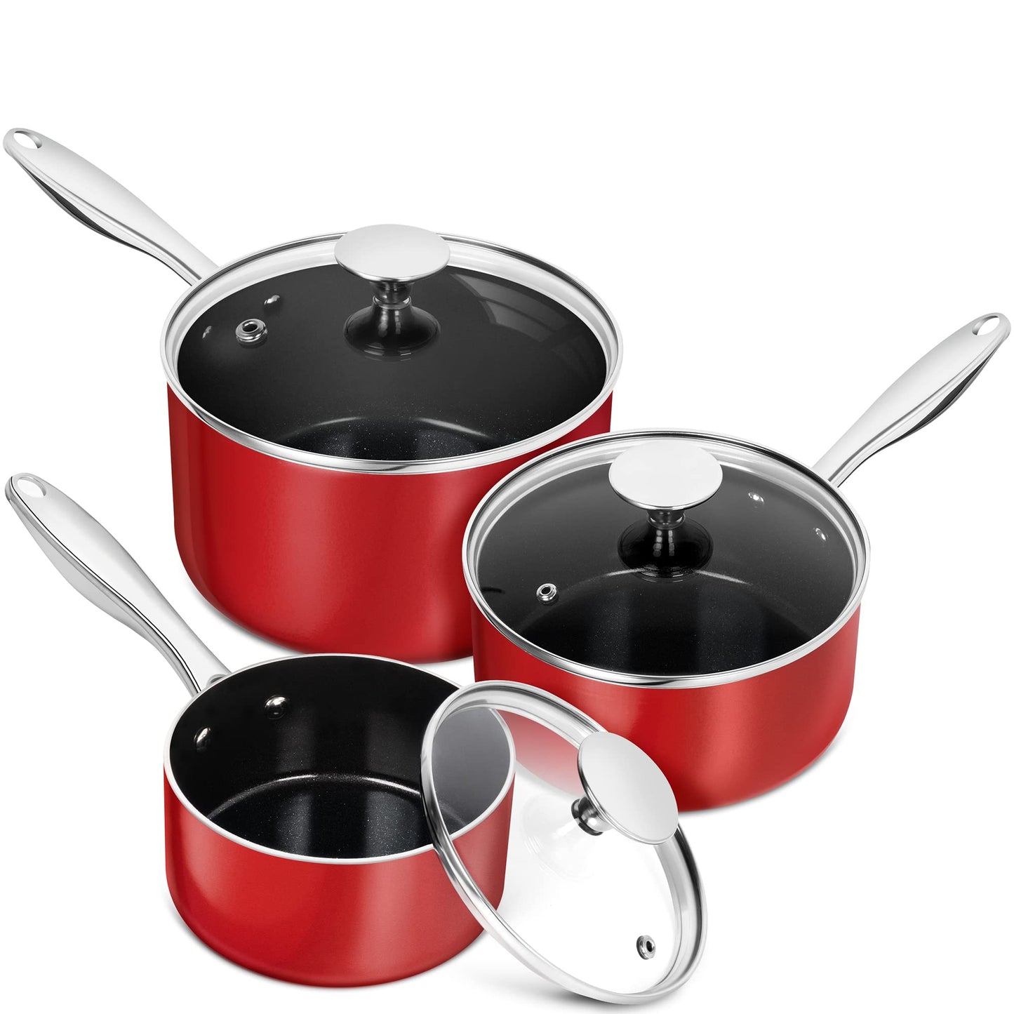 MICHELANGELO Sauce Pan Sets, Ceramic Saucepans with Lids, 1Qt & 2Qt & 3Qt Sauce Pans with Lid, Nonstick Saucepan Set with Stainless Steel Handle, Oven Safe, Red