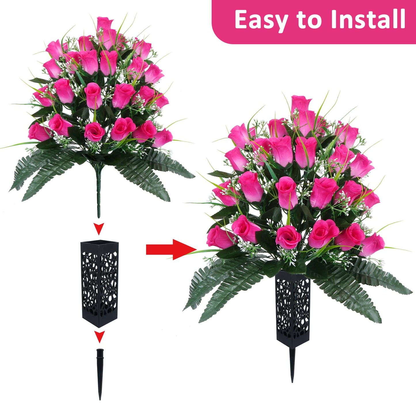Lacinda Artificial Flowers for Cemetery, 2 Sets 48 Heads Artificial Rose Bouquet Grave Flowers for Cemetery Flower Arrangement with Vase Silk Memorial Spring Flowers for Headstone Decor Outdoor (Pink)