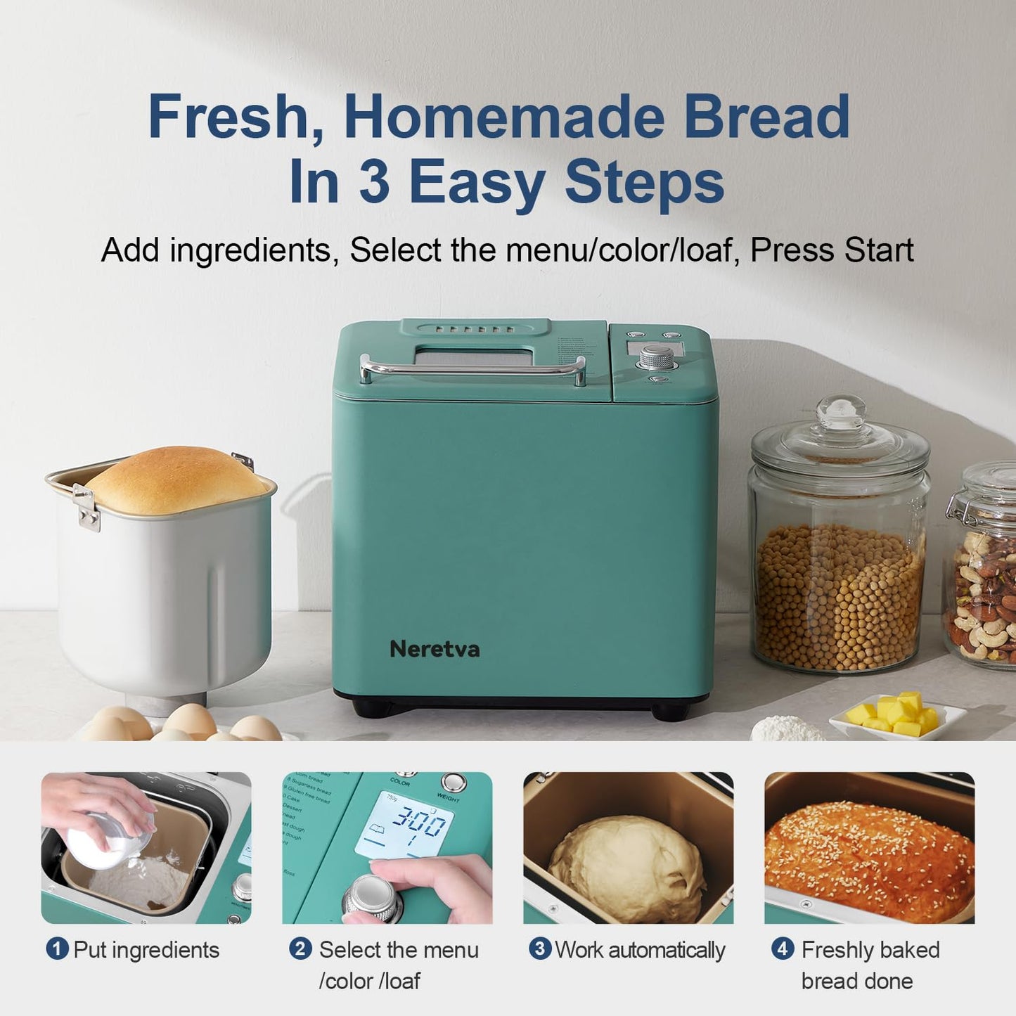 Neretva Bread Maker Machine, 20-in-1 2LB Automatic Breadmaker with Gluten Free Pizza Sourdough Setting, Digital, Programmable, 1 Hour Keep Warm, 2 Loaf Sizes, 3 Crust Colors - Receipe Booked Included