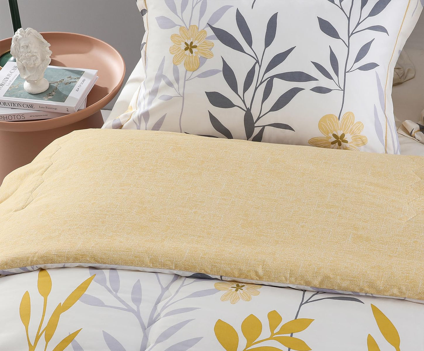 SLEEPBELLA Cotton Queen Size Comforter, 600 Thread Count Cotton Grey Branch with Yellow Flower & Grey Leaves Pattern Comforter Set,Down Alternative Bedding Set 3Pcs(Queen, Yellow Botanical)