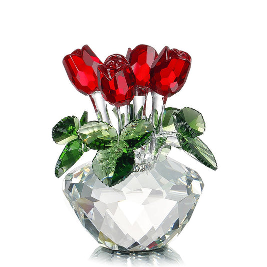 H&D HYALINE & DORA Red Rose Figurine Ornament Spring Bouquet Crystal Glass Flowers Gift-Boxed