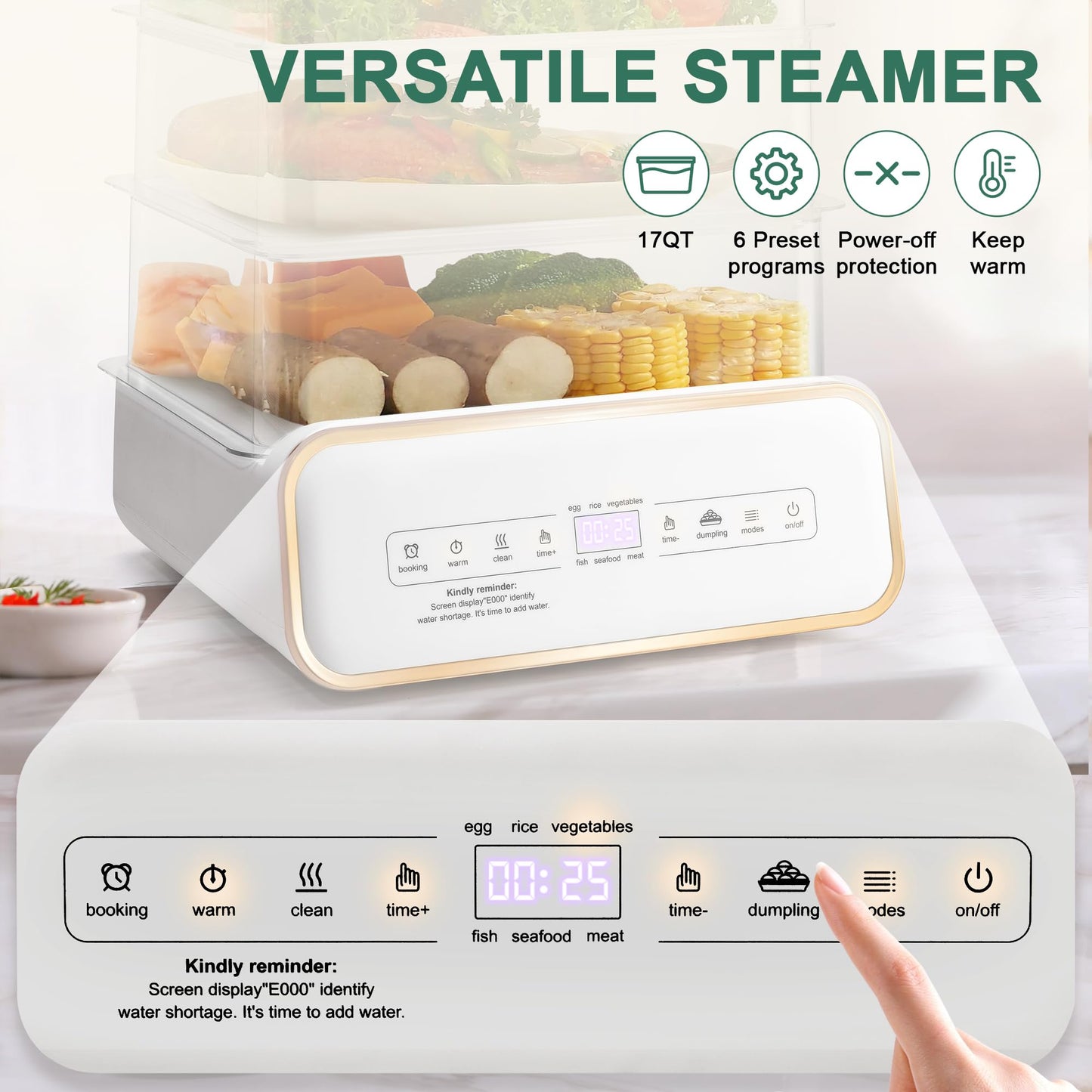 SUSTEAS Food Steamer for Cooking - 17QT Vegetable Steamer with 24H Booking & 60Min Timer, Electric Steamer with Digital Display and 3 Tier Stackable Trays, Auto Shut-Off & Boil Dry Protection